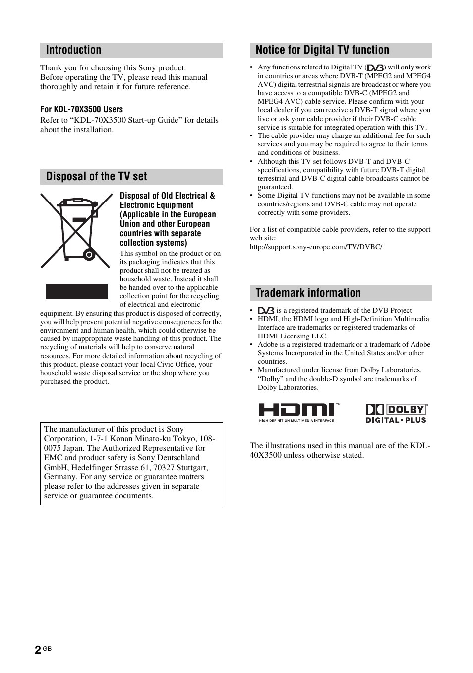 Introduction disposal of the tv set | Sony KDL-46X3500 User Manual | Page 2 / 164