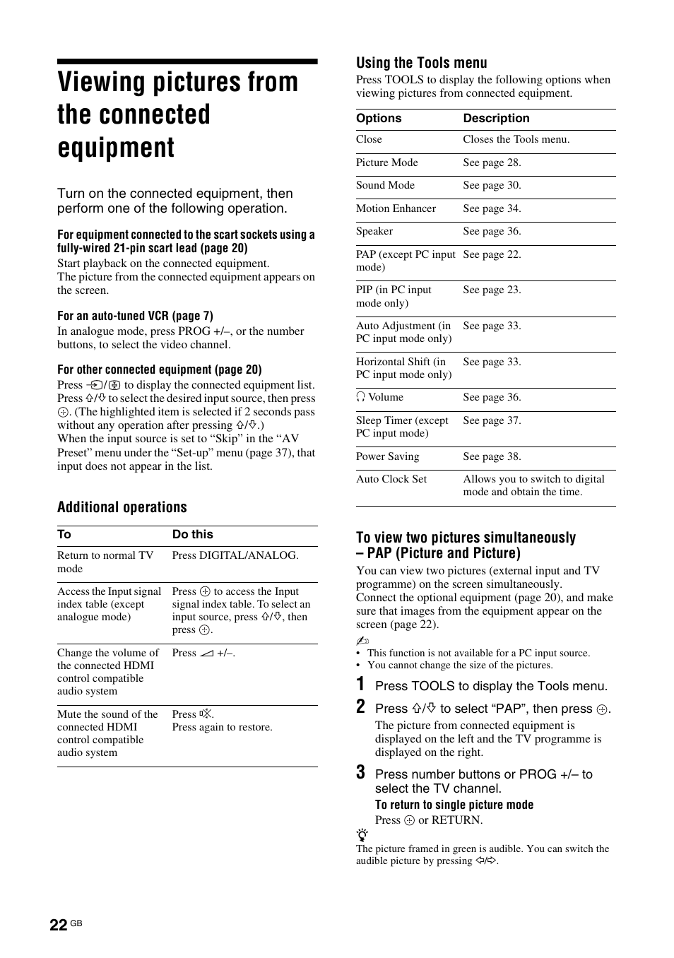 Viewing pictures from the connected equipment | Sony KDL-46X3500 User Manual | Page 22 / 164