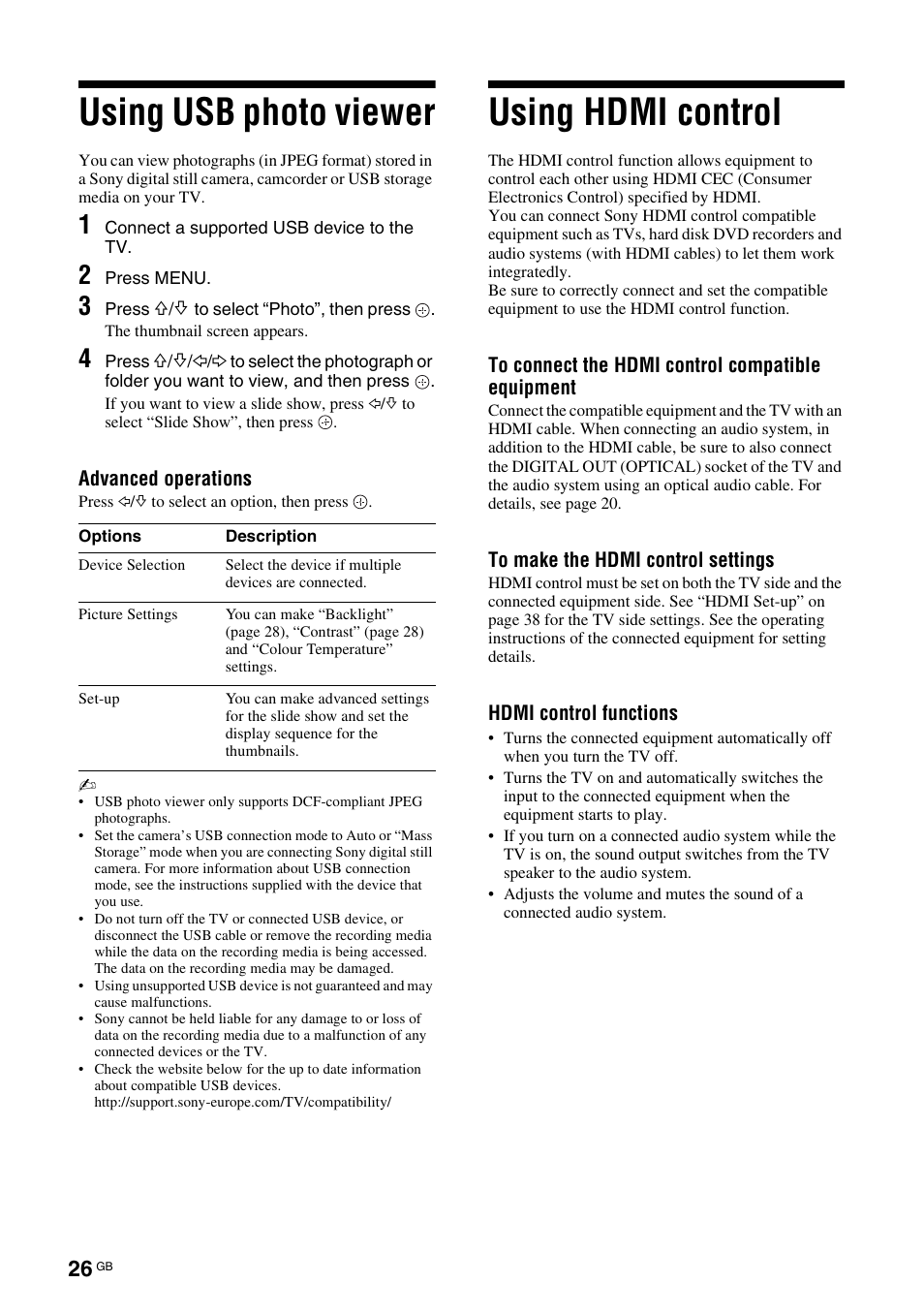 Using usb photo viewer, Using hdmi control | Sony KDL-46X3500 User Manual | Page 26 / 164