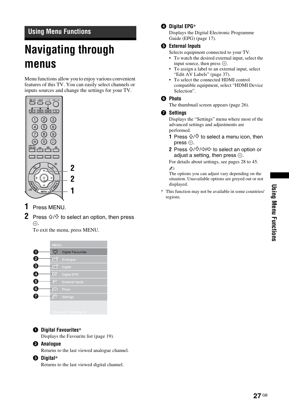 Using menu functions, Navigating through menus | Sony KDL-46X3500 User Manual | Page 27 / 164