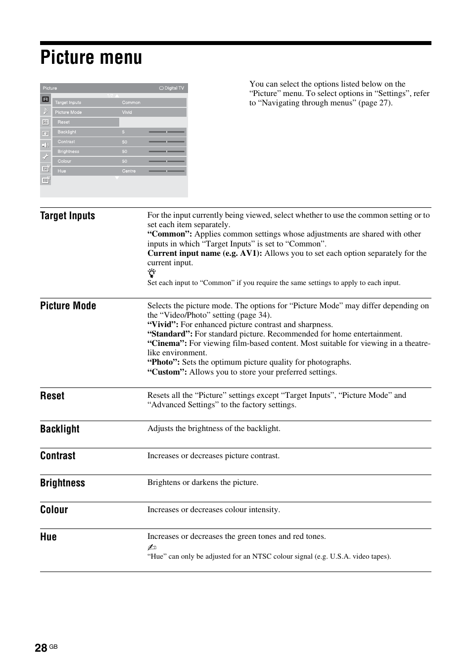 Picture menu | Sony KDL-46X3500 User Manual | Page 28 / 164