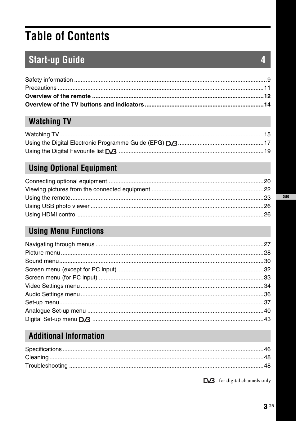 Sony KDL-46X3500 User Manual | Page 3 / 164