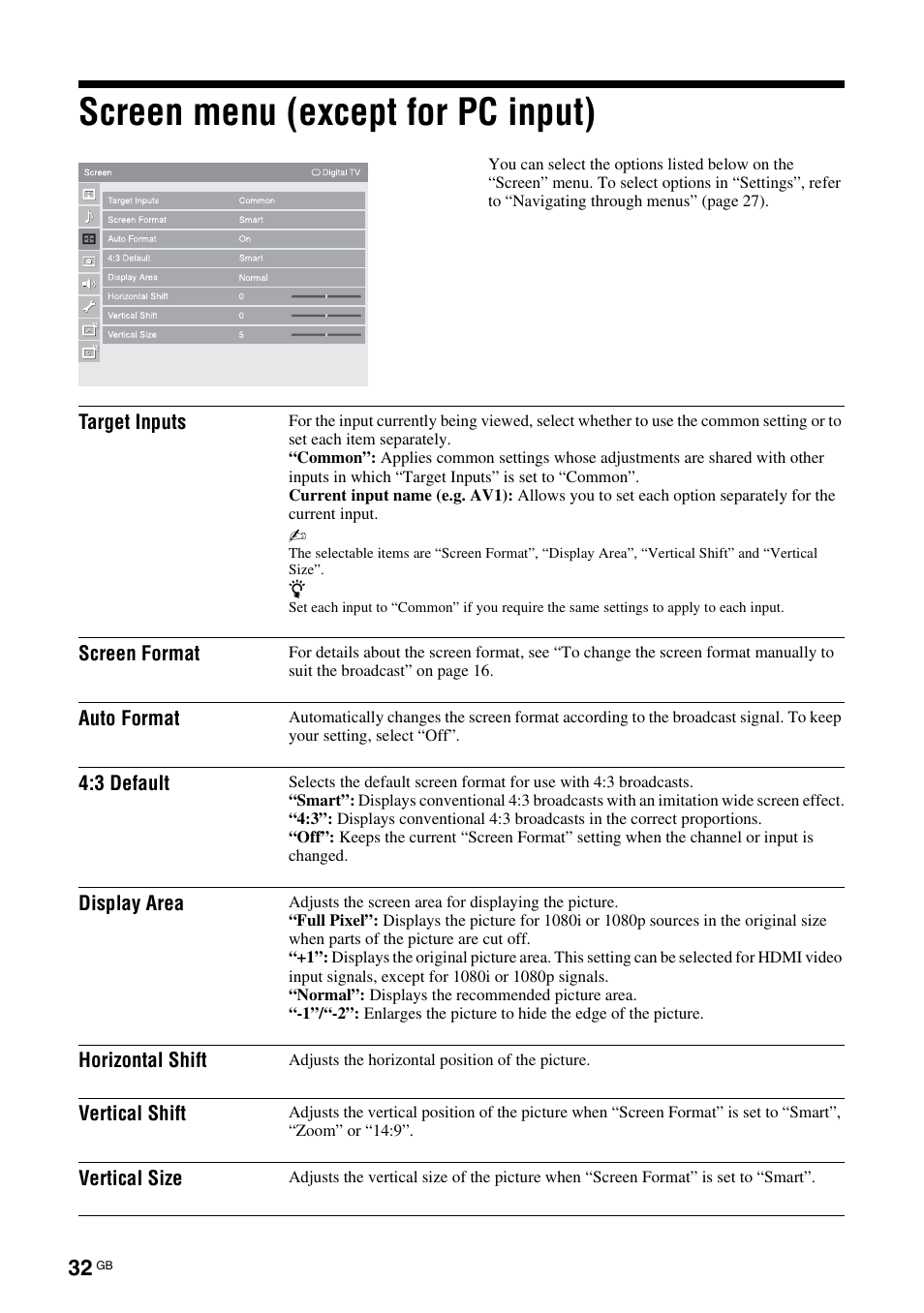 Screen menu (except for pc input) | Sony KDL-46X3500 User Manual | Page 32 / 164