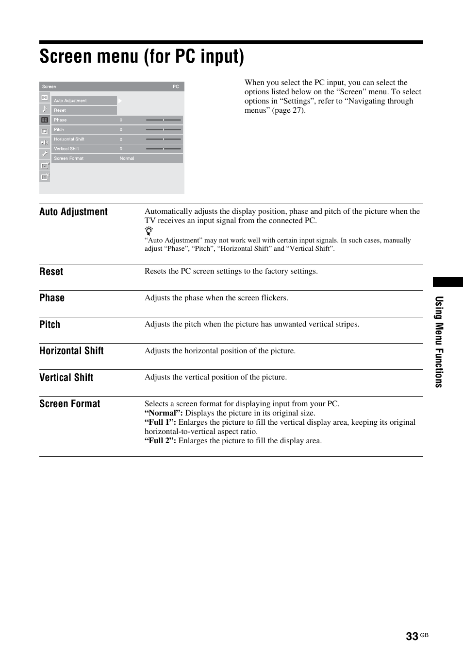 Screen menu (for pc input) | Sony KDL-46X3500 User Manual | Page 33 / 164