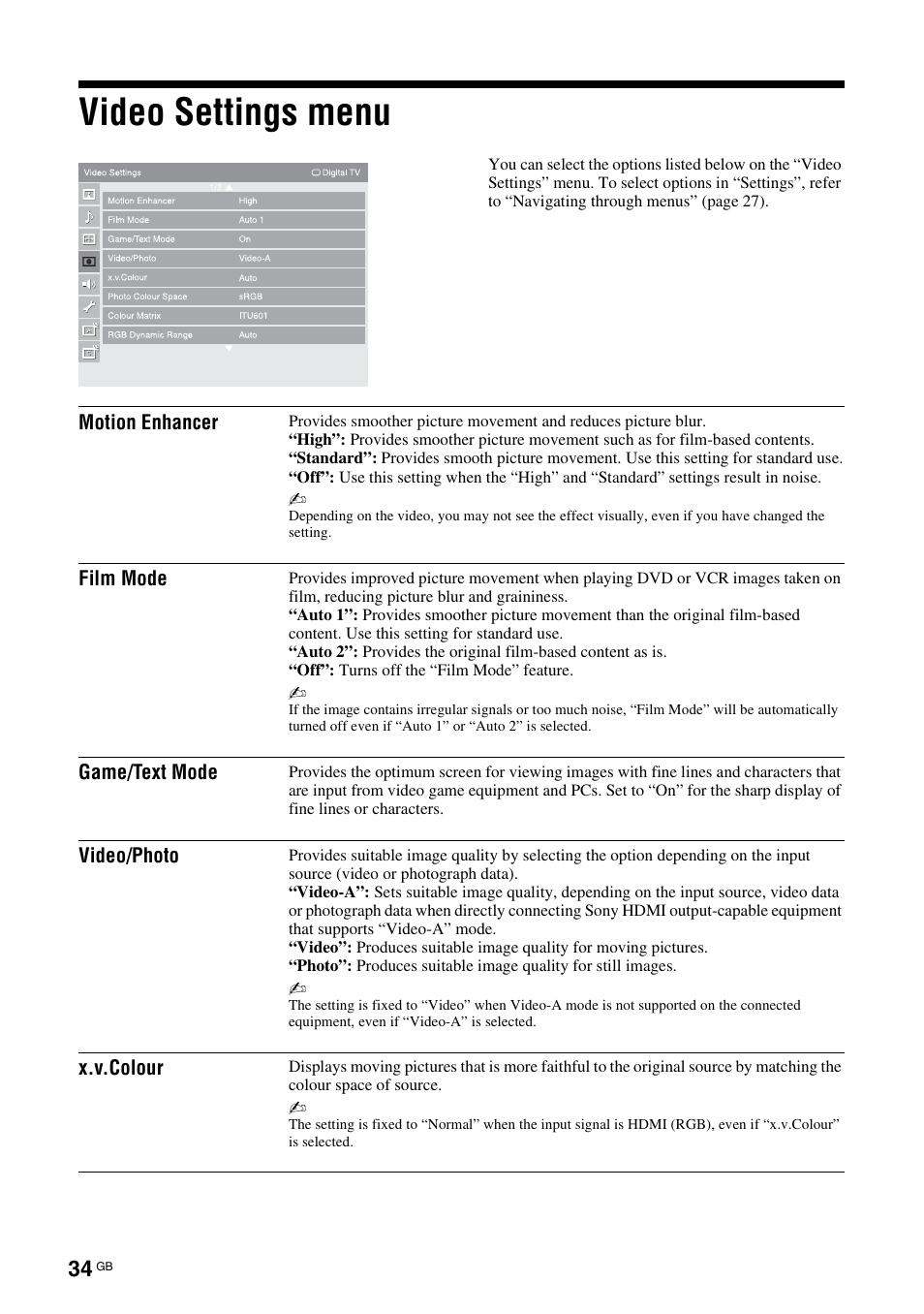 Video settings menu | Sony KDL-46X3500 User Manual | Page 34 / 164