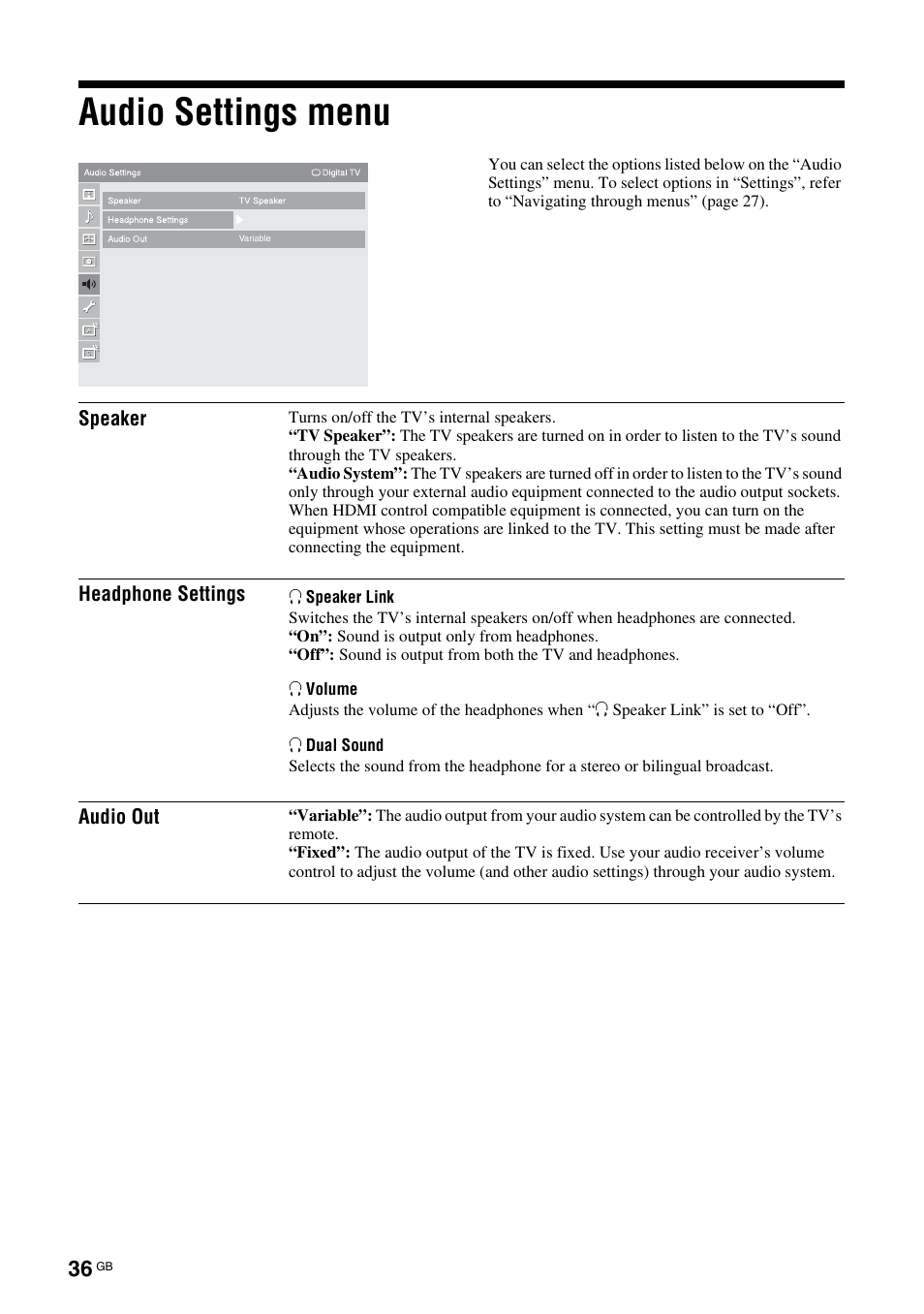 Audio settings menu | Sony KDL-46X3500 User Manual | Page 36 / 164