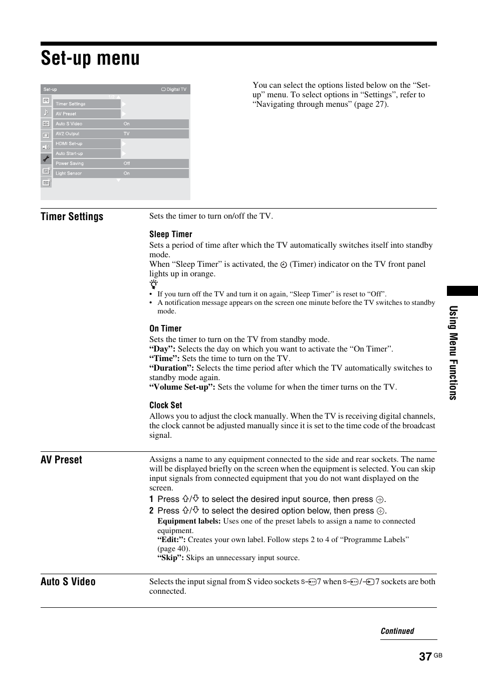 Set-up menu | Sony KDL-46X3500 User Manual | Page 37 / 164