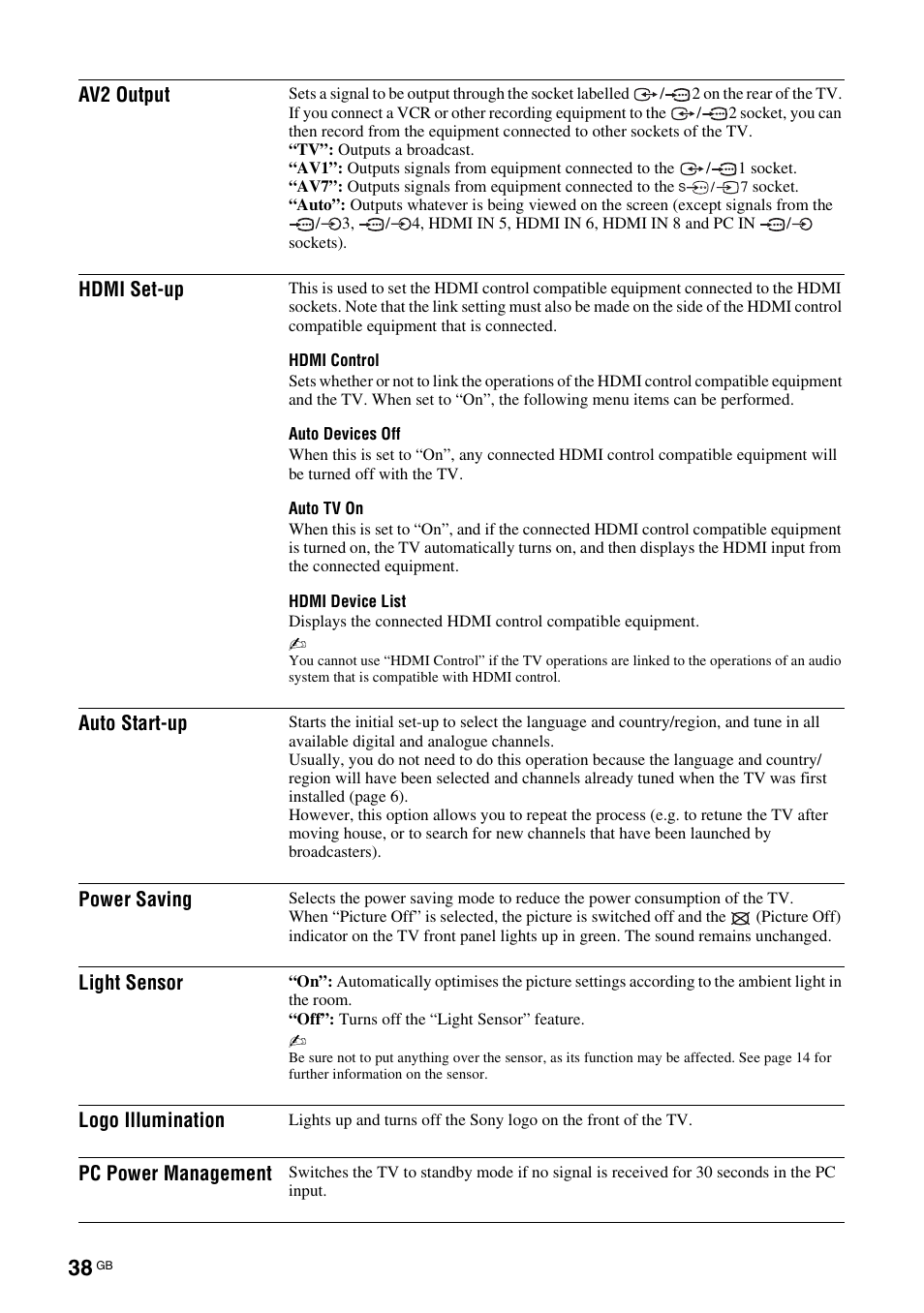 Ee “hdmi set-up” o | Sony KDL-46X3500 User Manual | Page 38 / 164