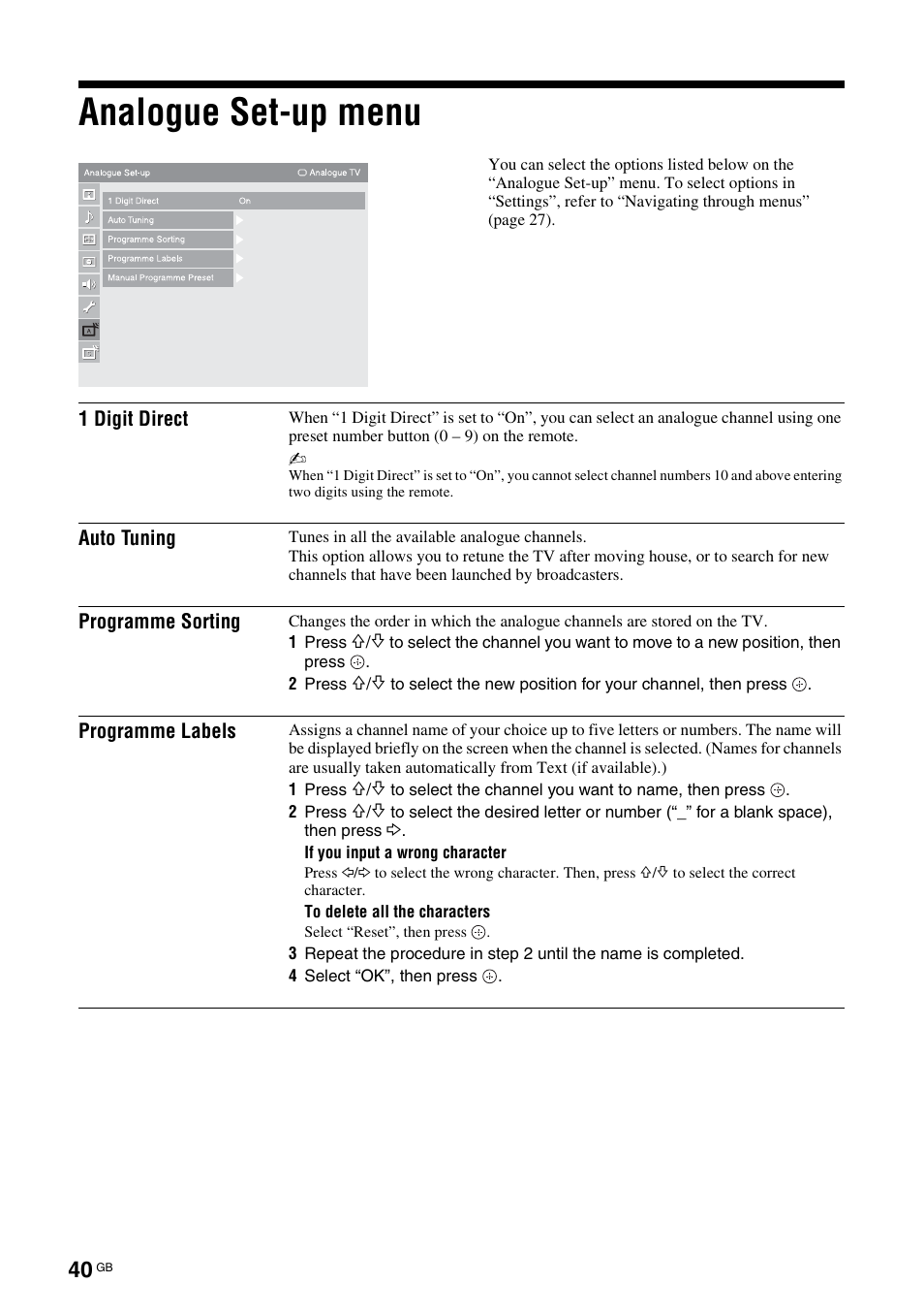 Analogue set-up menu | Sony KDL-46X3500 User Manual | Page 40 / 164