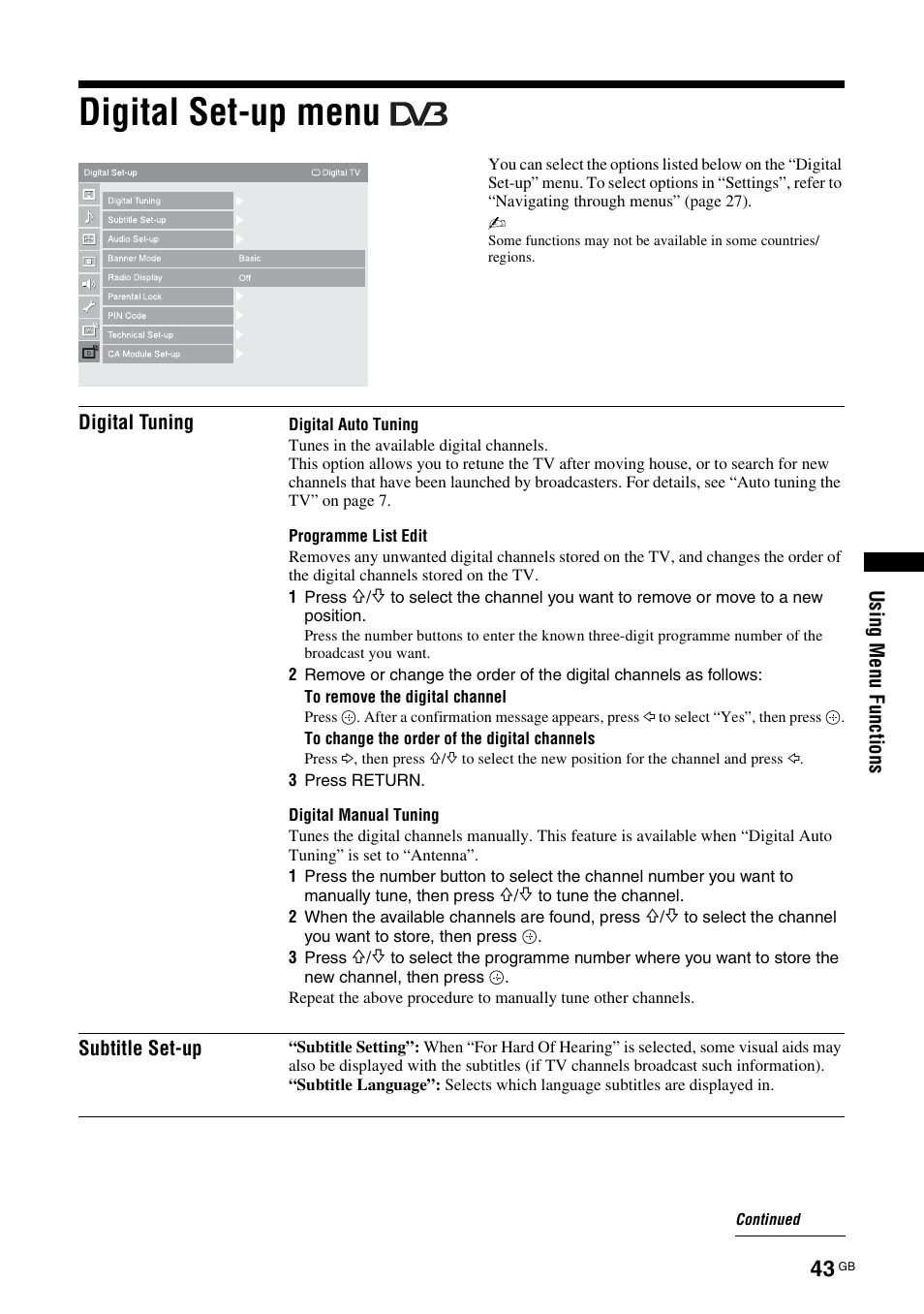 Digital set-up menu | Sony KDL-46X3500 User Manual | Page 43 / 164