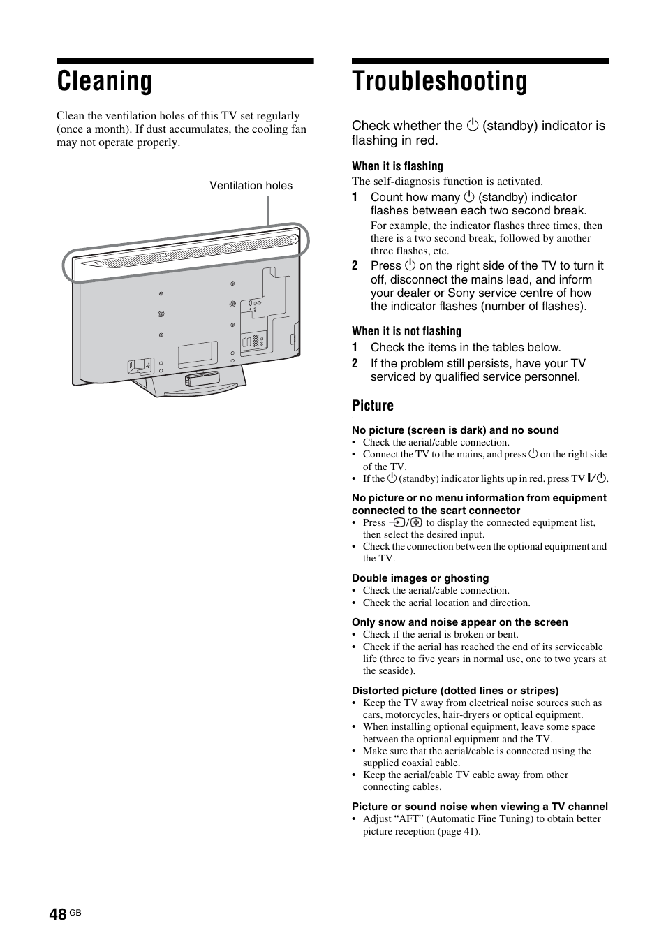 Cleaning, Troubleshooting | Sony KDL-46X3500 User Manual | Page 48 / 164