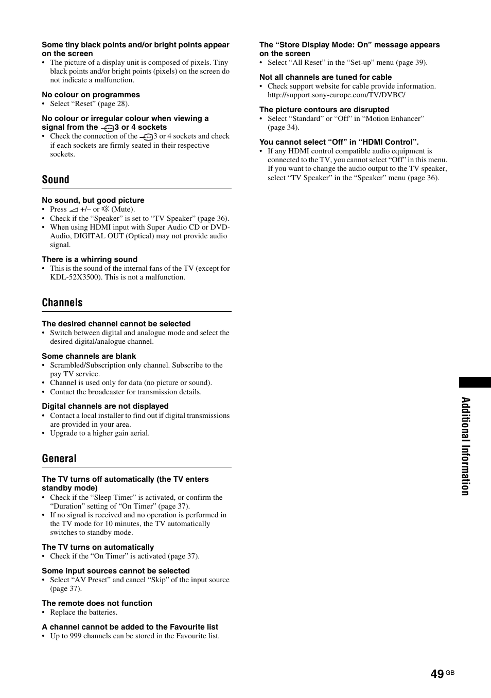 Sound, Channels, General | Sony KDL-46X3500 User Manual | Page 49 / 164