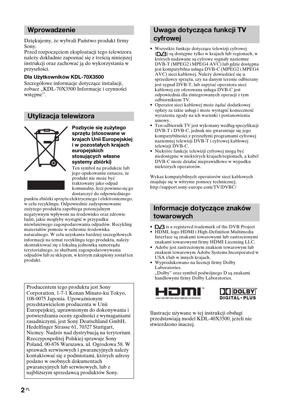 Wprowadzenie utylizacja telewizora | Sony KDL-46X3500 User Manual | Page 50 / 164