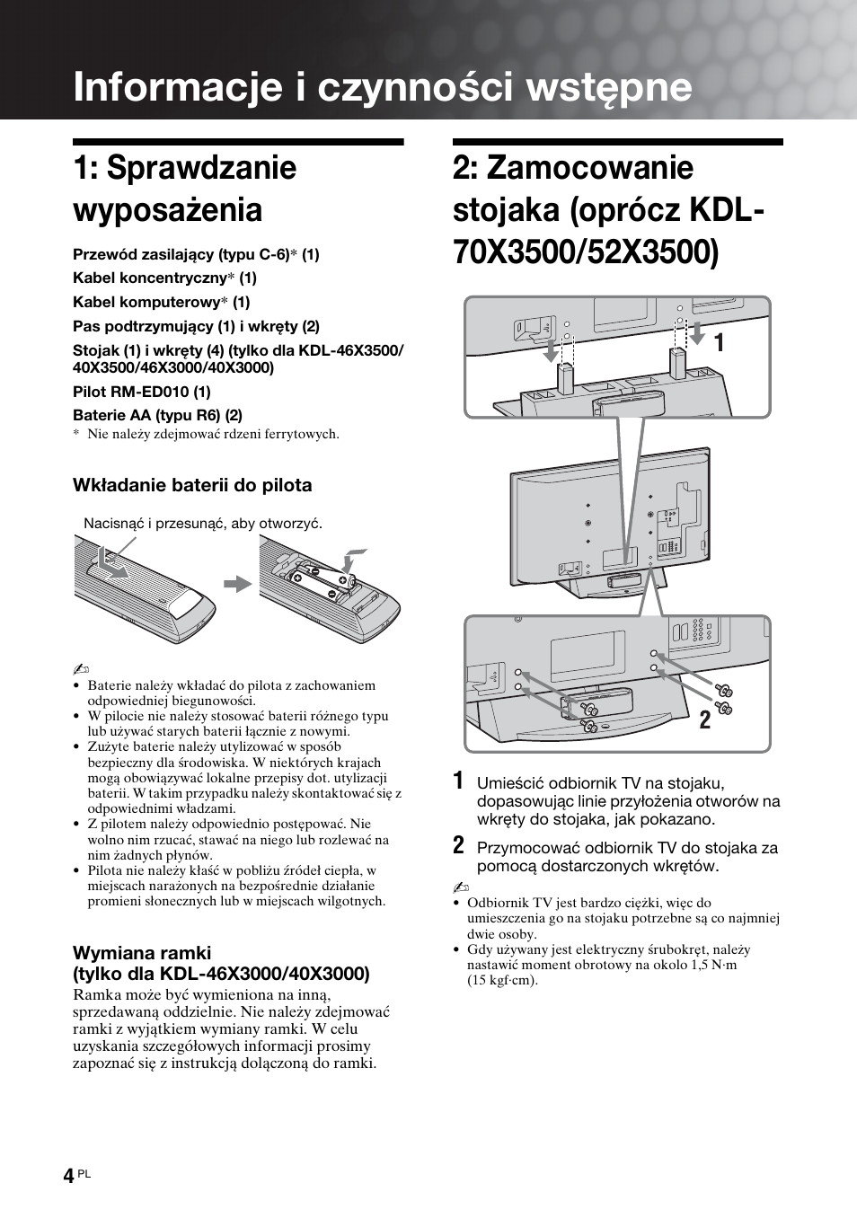 Informacje i czynności wstępne, Sprawdzanie wyposażenia | Sony KDL-46X3500 User Manual | Page 52 / 164