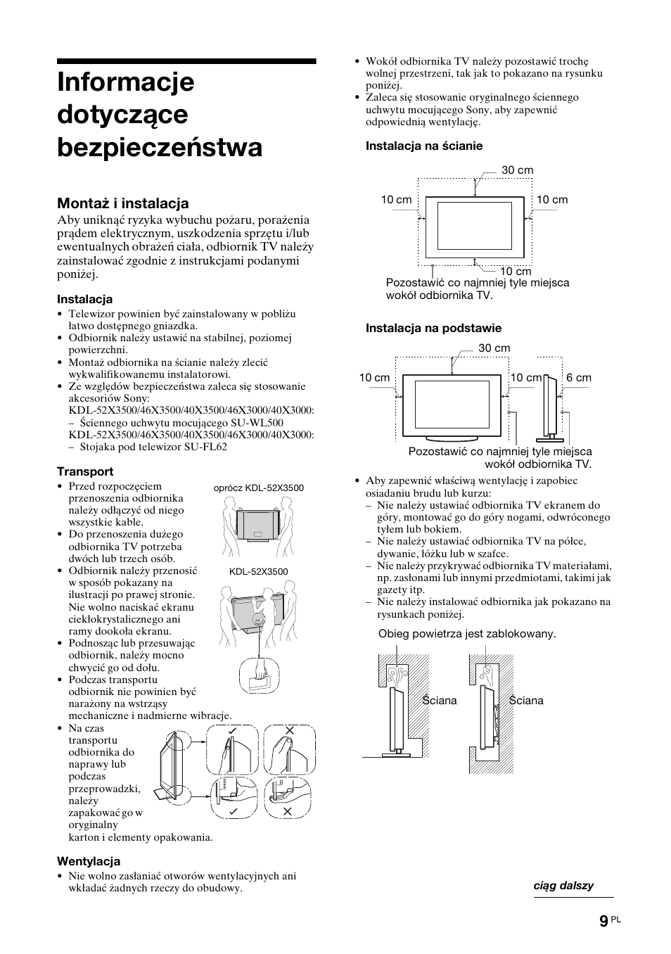 Informacje dotyczące bezpieczeństwa, Montaż i instalacja | Sony KDL-46X3500 User Manual | Page 57 / 164