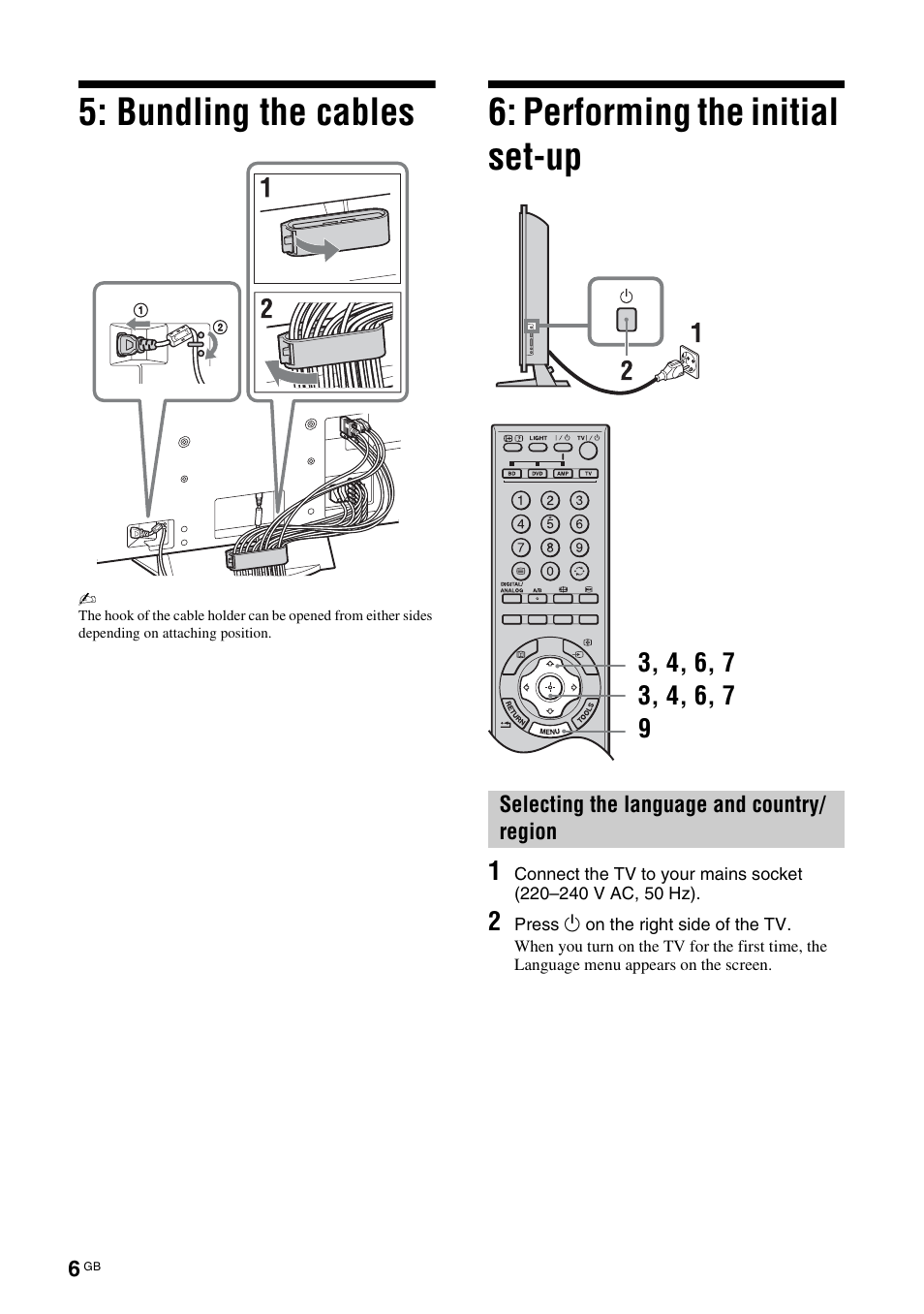 Bundling the cables, Performing the initial set-up | Sony KDL-46X3500 User Manual | Page 6 / 164