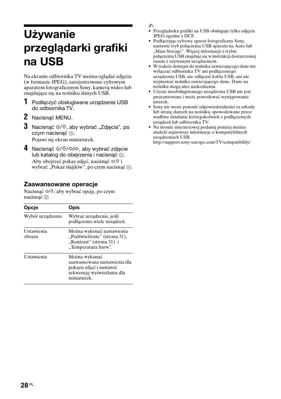 Używanie przeglądarki grafiki na usb | Sony KDL-46X3500 User Manual | Page 76 / 164