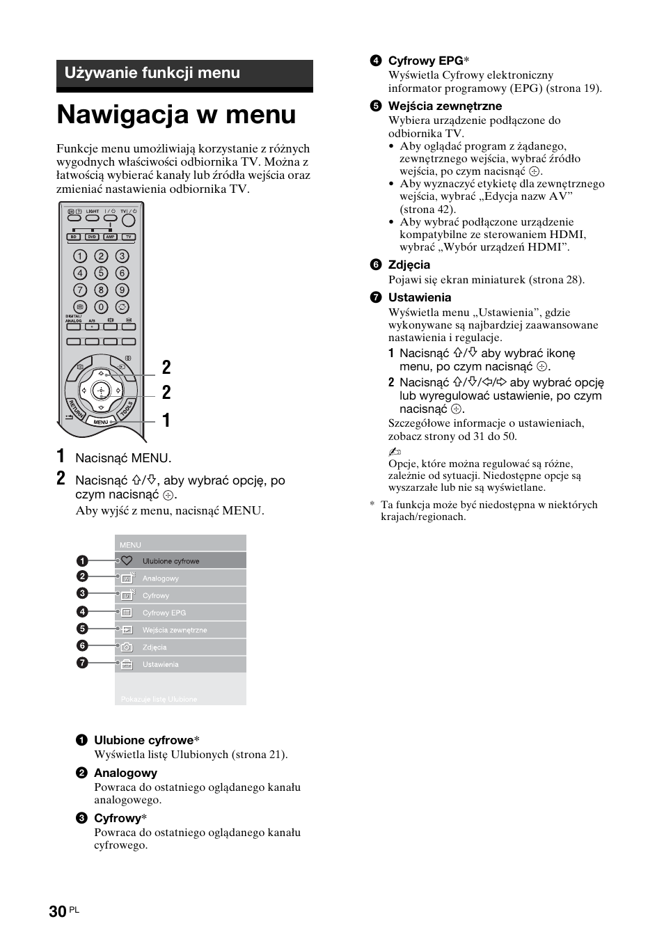 Używanie funkcji menu, Nawigacja w menu | Sony KDL-46X3500 User Manual | Page 78 / 164