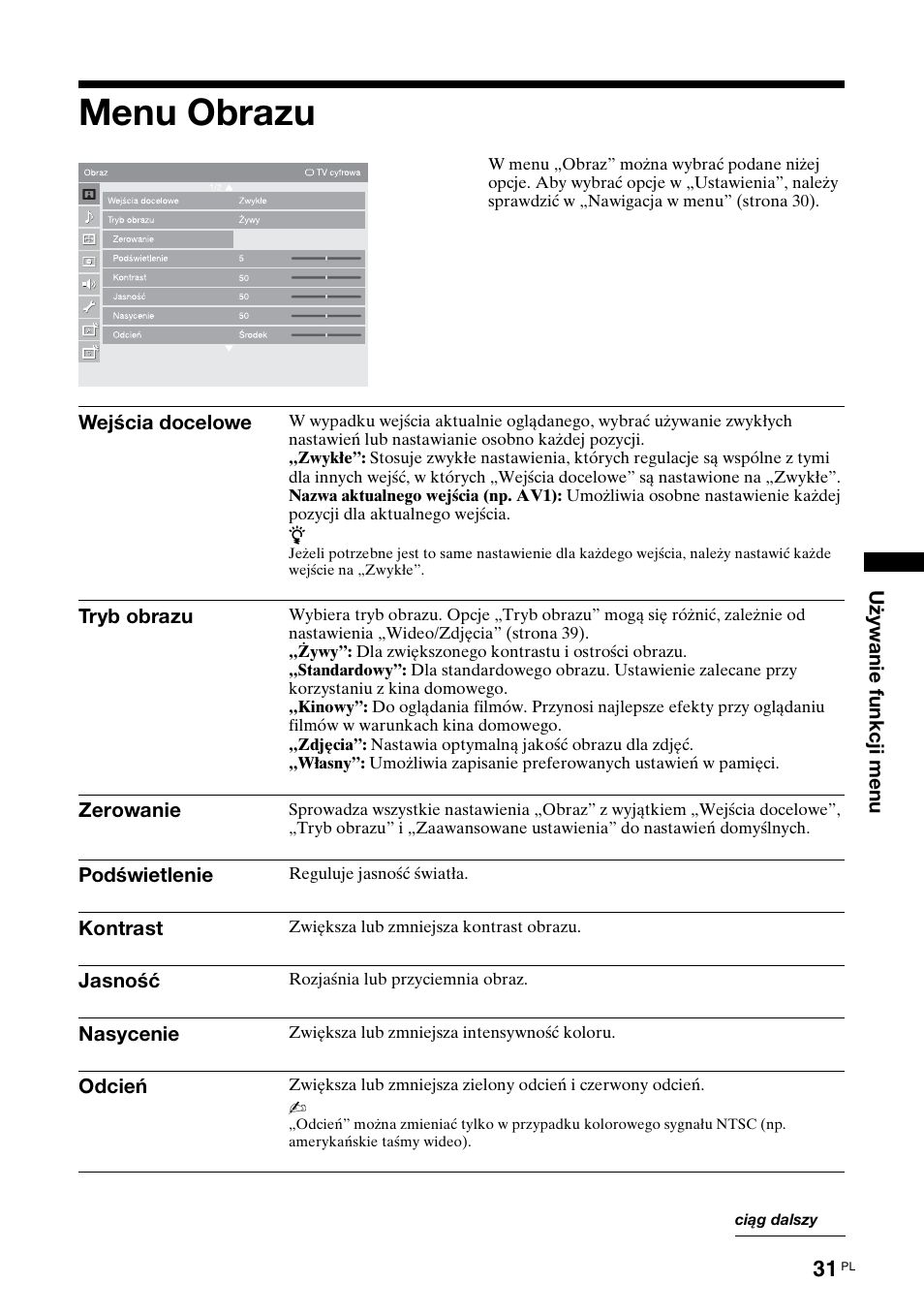 Menu obrazu, Od 31 do 5 | Sony KDL-46X3500 User Manual | Page 79 / 164