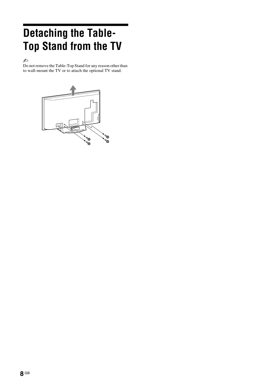 Detaching the table- top stand from the tv | Sony KDL-46X3500 User Manual | Page 8 / 164