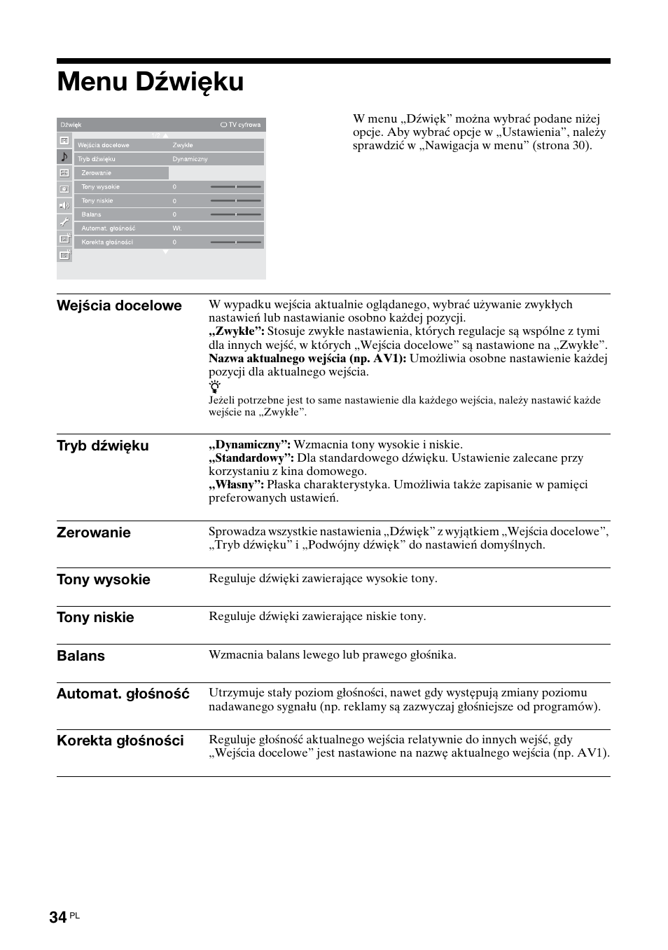 Menu dźwięku | Sony KDL-46X3500 User Manual | Page 82 / 164