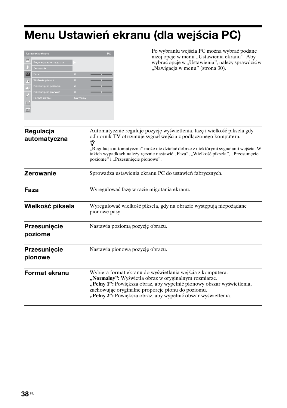 Menu ustawień ekranu (dla wejścia pc) | Sony KDL-46X3500 User Manual | Page 86 / 164