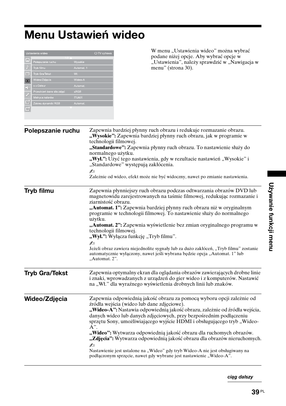 Menu ustawień wideo | Sony KDL-46X3500 User Manual | Page 87 / 164