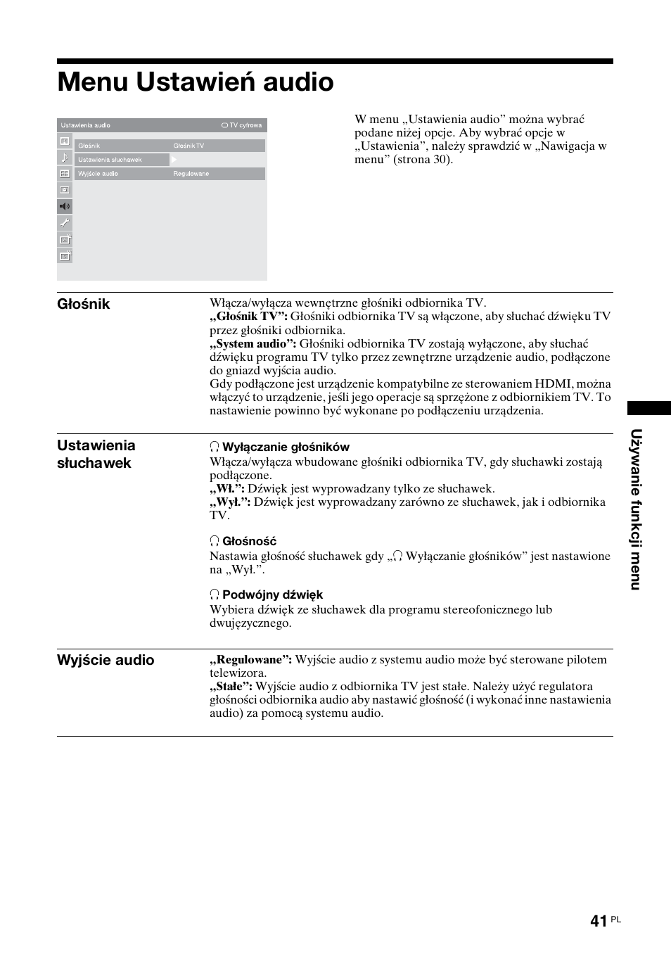 Menu ustawień audio | Sony KDL-46X3500 User Manual | Page 89 / 164