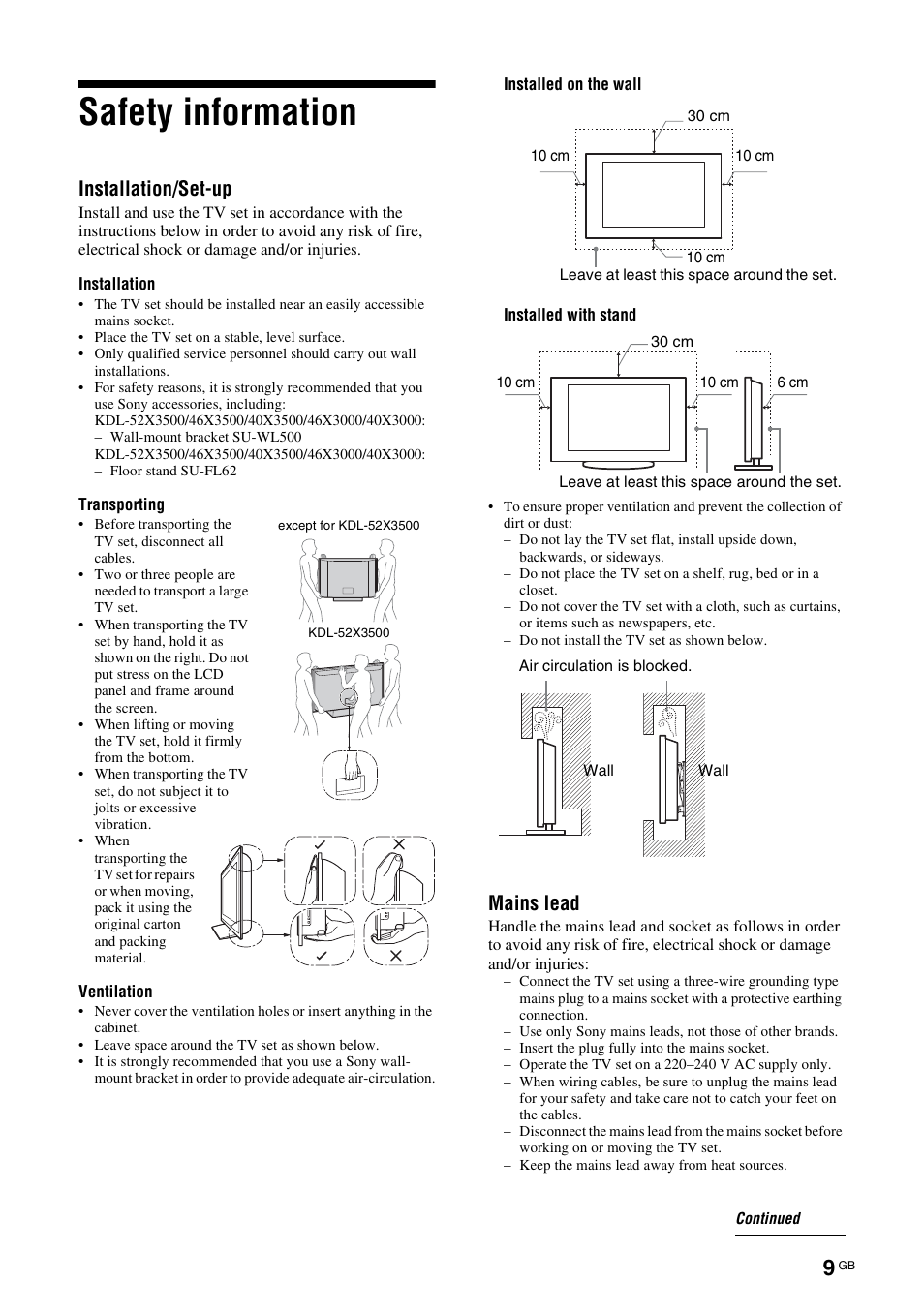 Safety information, Installation/set-up, Mains lead | Sony KDL-46X3500 User Manual | Page 9 / 164