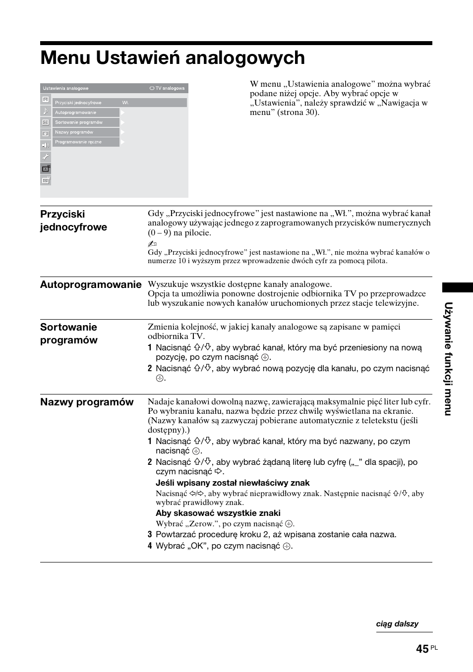 Menu ustawień analogowych, W „sortowanie programów” na | Sony KDL-46X3500 User Manual | Page 93 / 164