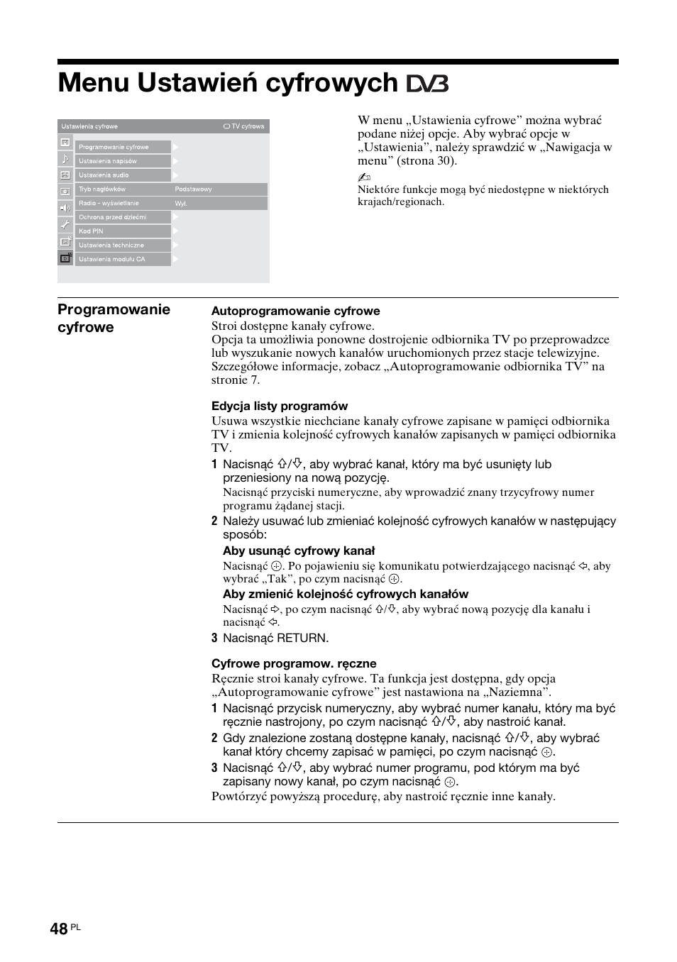 Menu ustawień cyfrowych | Sony KDL-46X3500 User Manual | Page 96 / 164