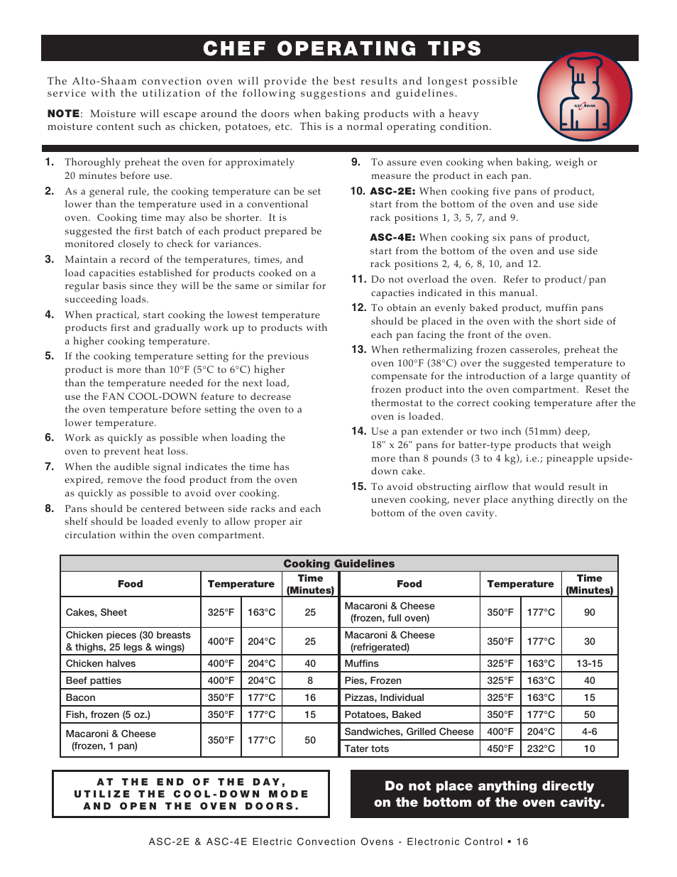 Chef operating tips | Alto-Shaam Convection Oven ASC-2E User Manual | Page 18 / 34