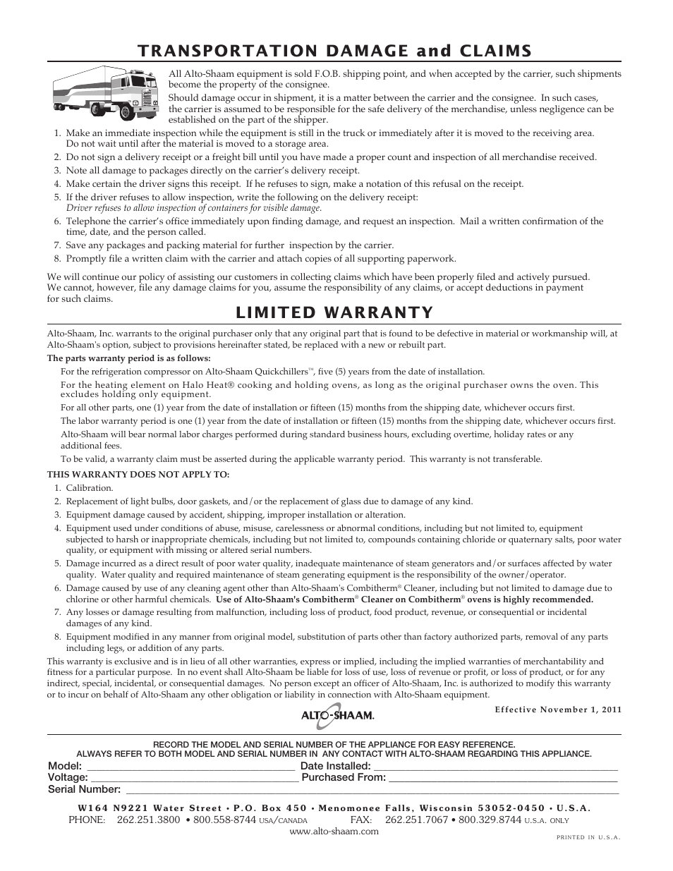 Transportation damage and claims, Limited warranty | Alto-Shaam Convection Oven ASC-2E User Manual | Page 34 / 34