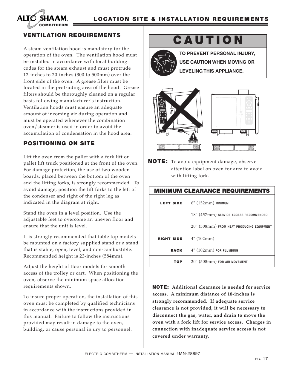 Ventilation requirements, Positioning on site, Minimum clearance requirements | Alto-Shaam VHES-10 User Manual | Page 19 / 37