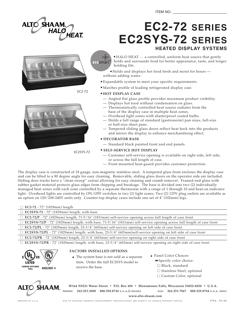 Alto-Shaam EC2-72 User Manual | 2 pages