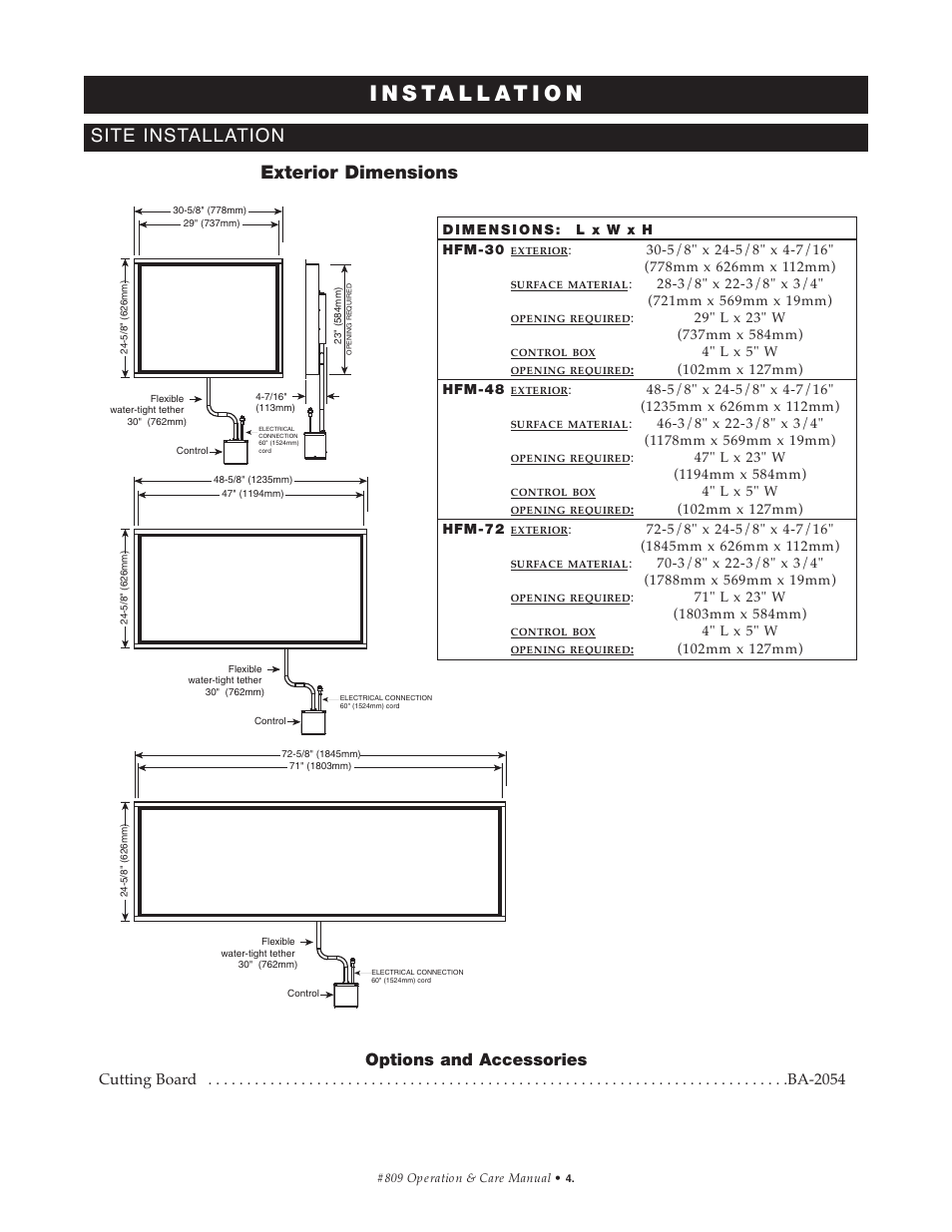 Exterior dimensions site installation, Options and accessories | Alto-Shaam HFM-30 User Manual | Page 5 / 16