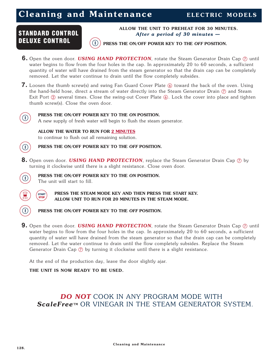 Do not cook in any program mode with scalefree, Or vinegar in the steam generator system, Standard control deluxe control | Alto-Shaam Combitherm 1008 User Manual | Page 131 / 135