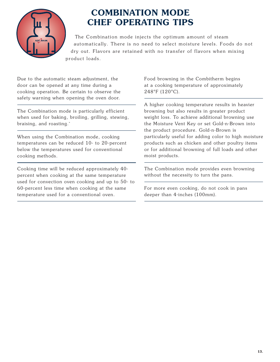 Combination mode chef operating tips | Alto-Shaam Combitherm 1008 User Manual | Page 16 / 135