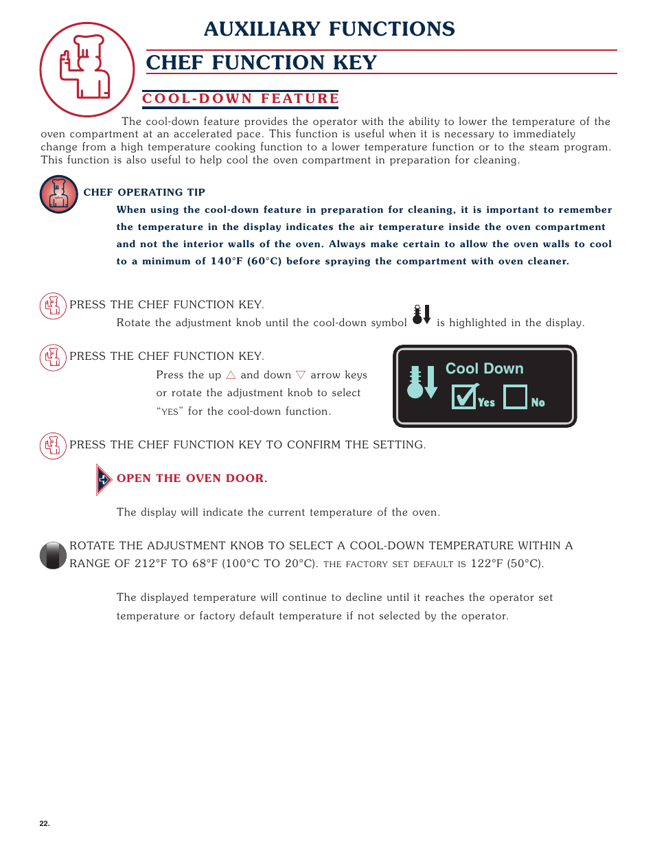 Chef function key, Auxiliary functions, Cool down | Alto-Shaam Combitherm 1008 User Manual | Page 25 / 135