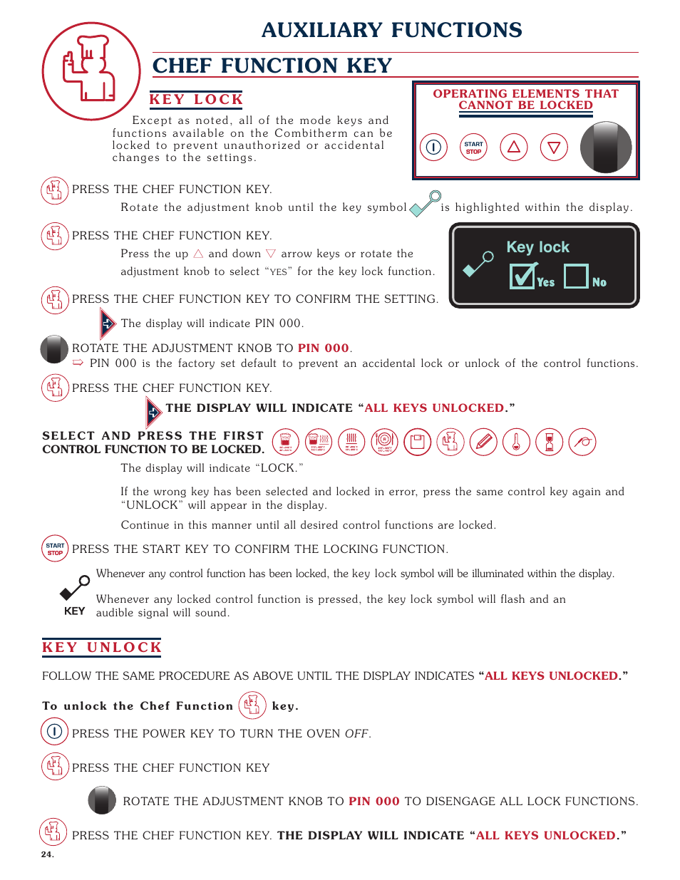 Auxiliary functions, Chef function key, Key lock | Alto-Shaam Combitherm 1008 User Manual | Page 27 / 135