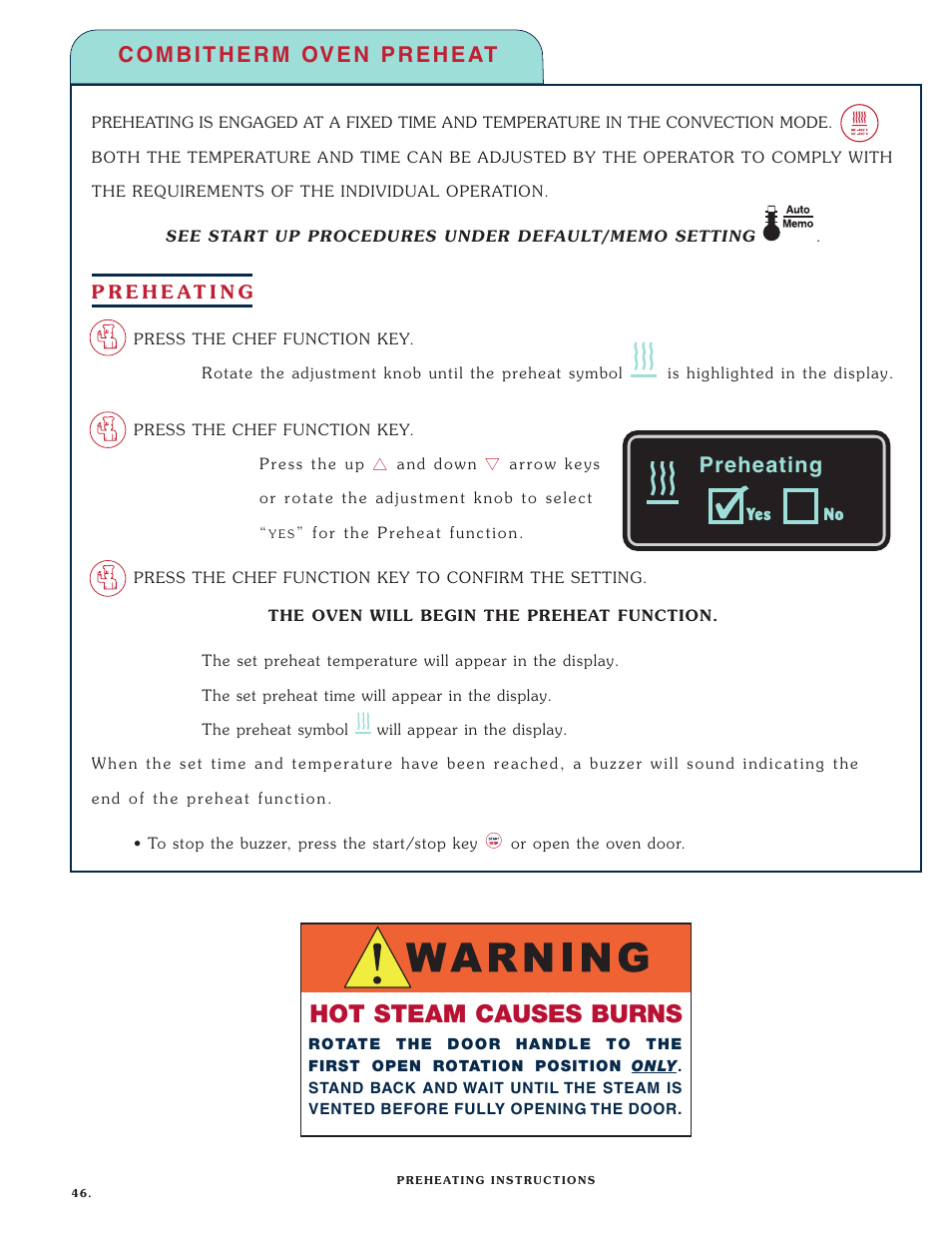 3_630_prcdrs_pg46_82_0308, Hot steam causes burns, Preheating | Alto-Shaam Combitherm 1008 User Manual | Page 49 / 135