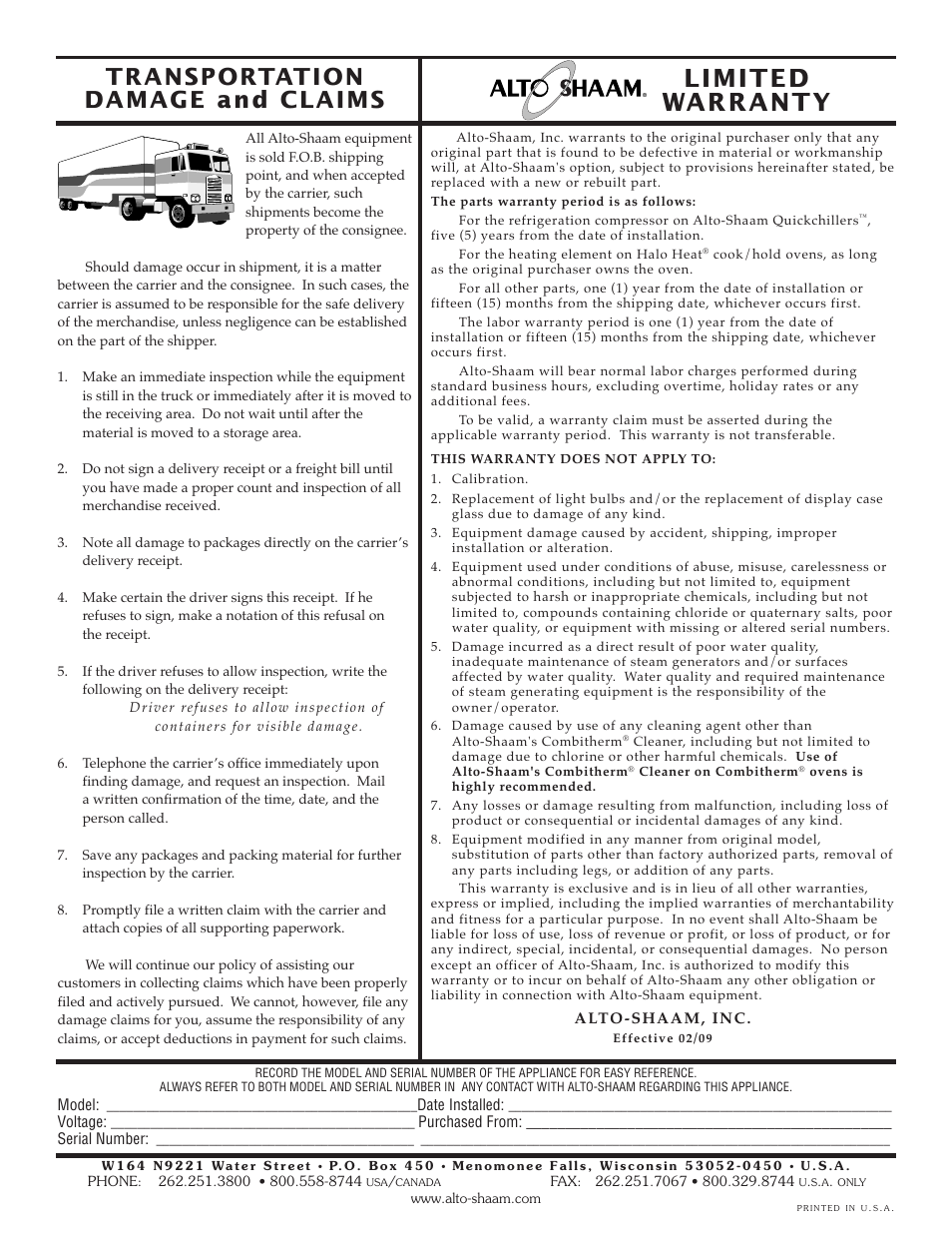 Limited warranty, Transportation damage and claims | Alto-Shaam ASF-75G User Manual | Page 61 / 61