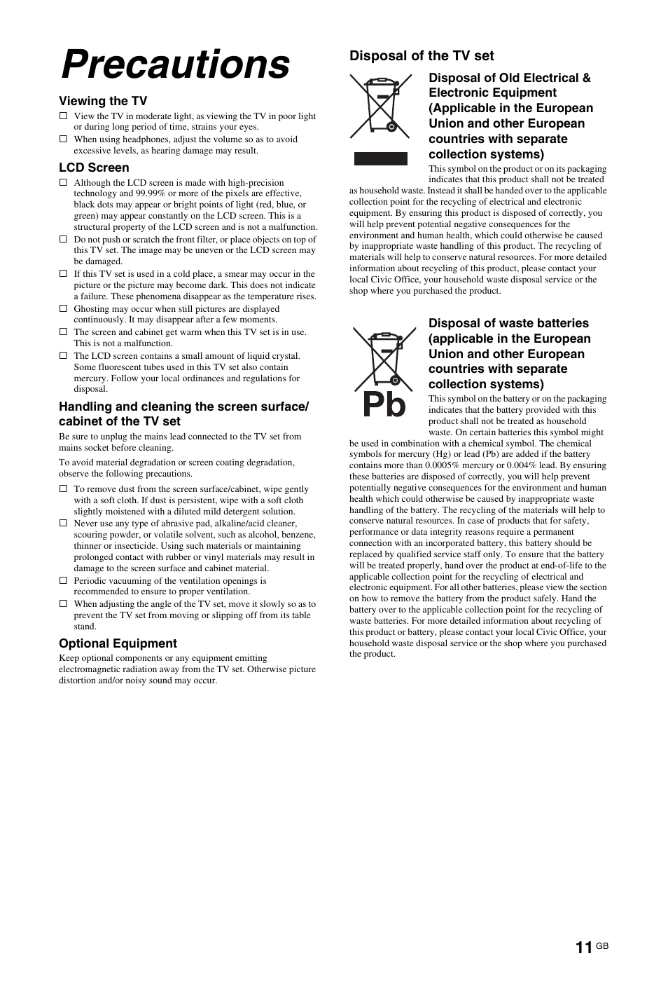 Precautions, Disposal of the tv set | Sony KDL-40Z4500 User Manual | Page 11 / 195