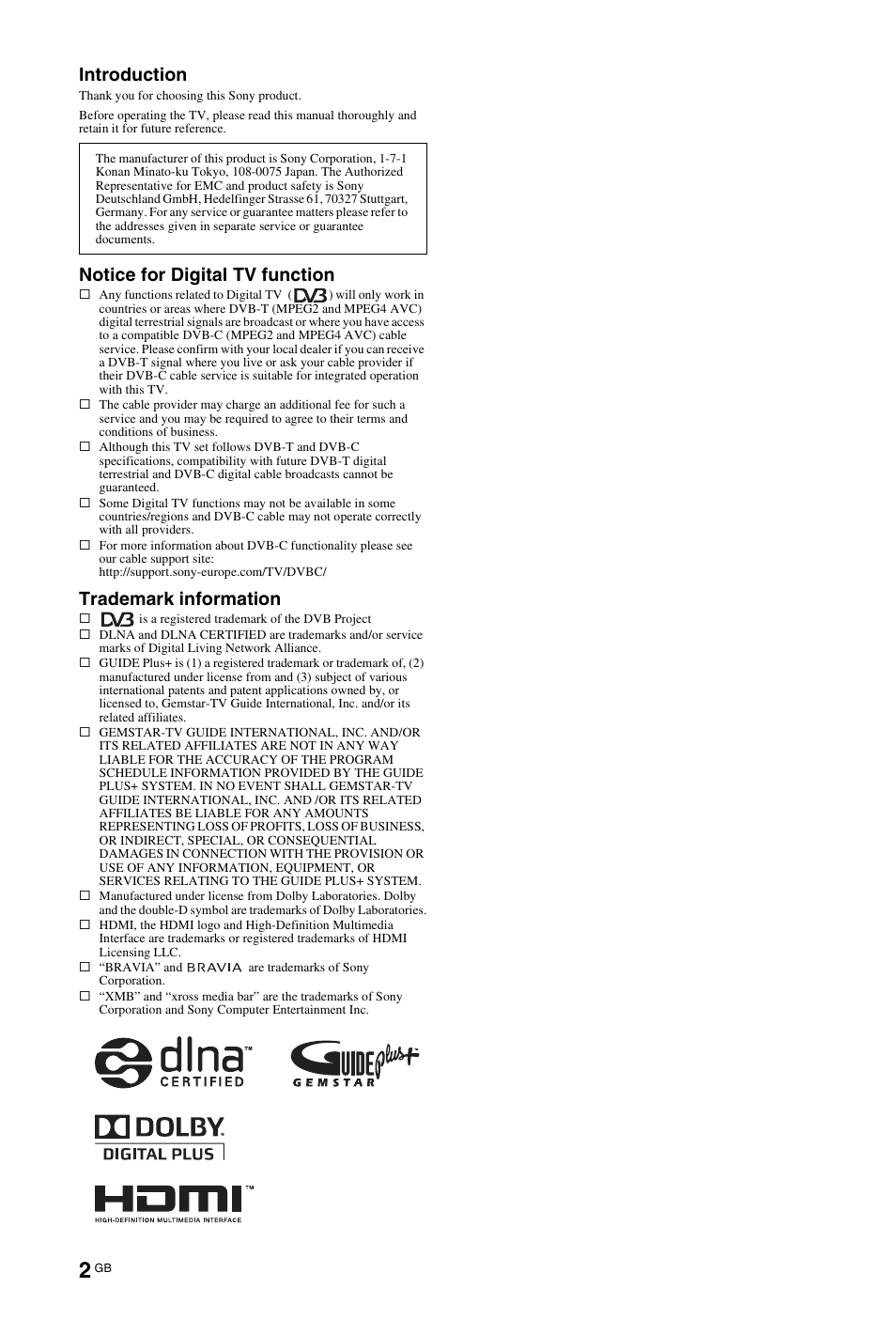 Introduction, Notice for digital tv function, Trademark information | Sony KDL-40Z4500 User Manual | Page 2 / 195