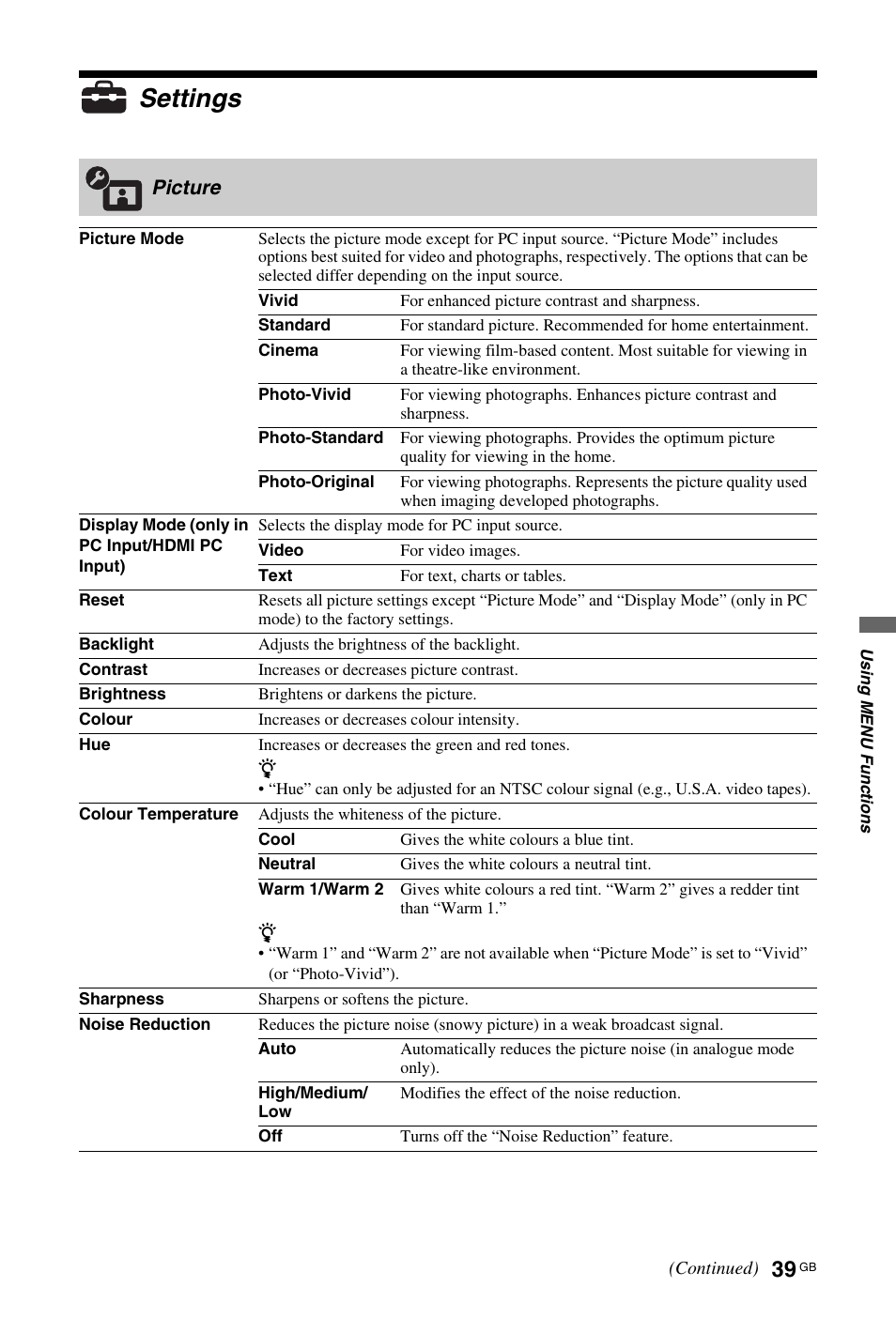 Settings, Picture | Sony KDL-40Z4500 User Manual | Page 39 / 195