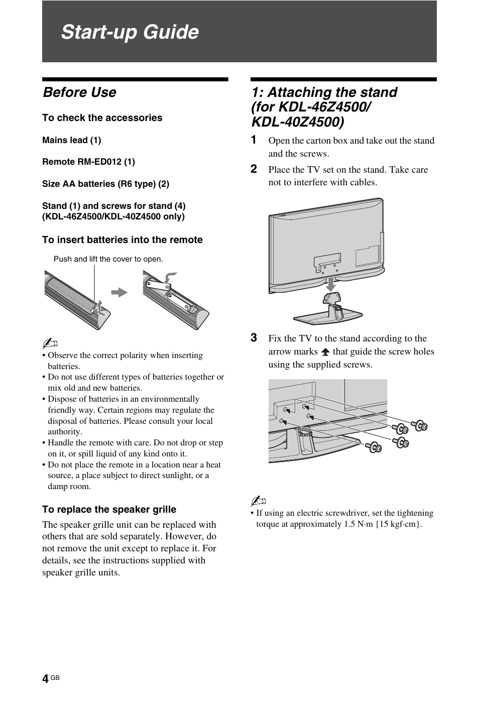 Start-up guide, Before use | Sony KDL-40Z4500 User Manual | Page 4 / 195