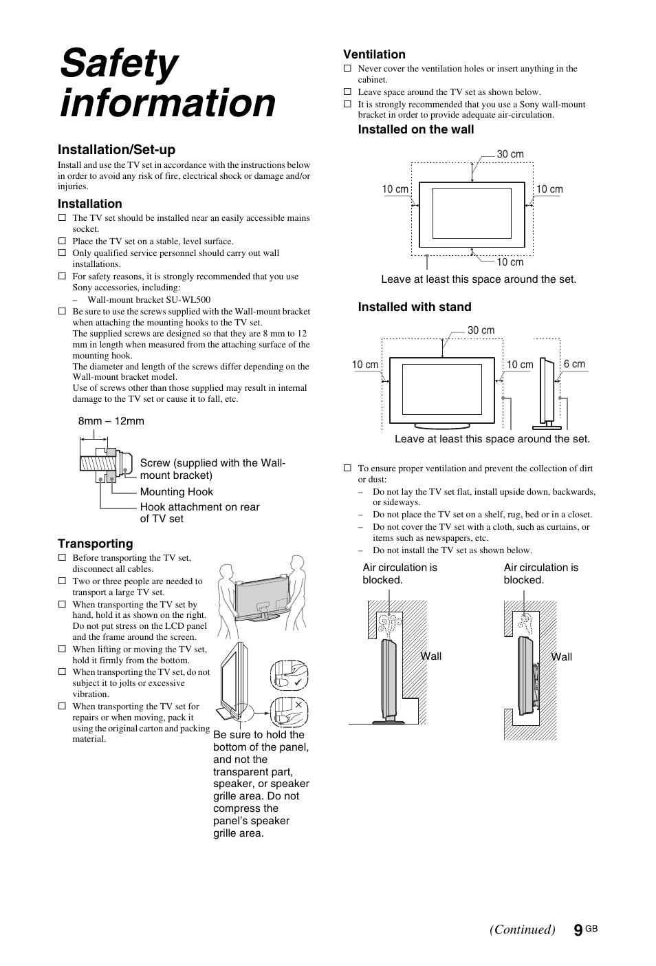 Safety information, Installation/set-up, Continued) | Sony KDL-40Z4500 User Manual | Page 9 / 195