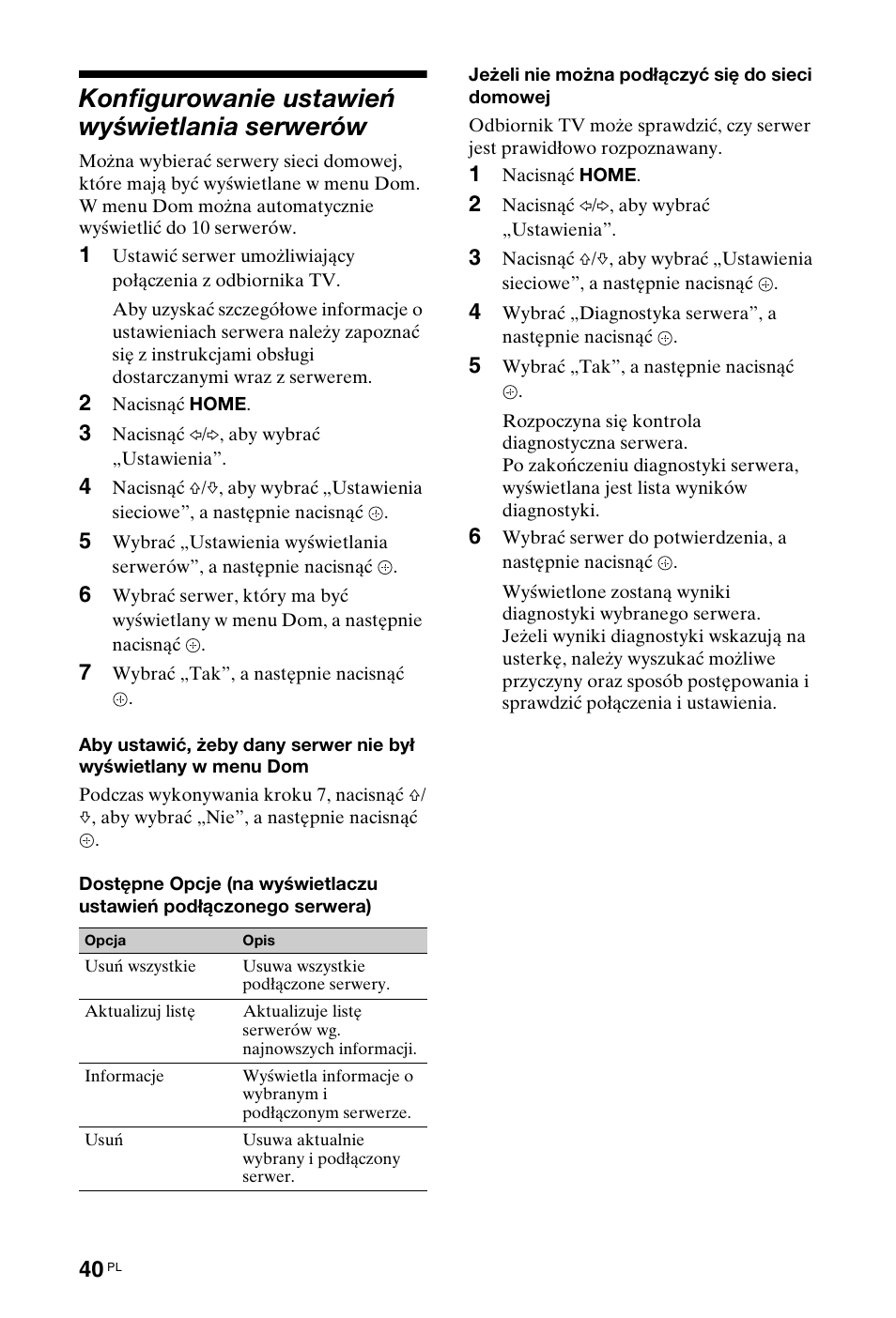 Konfigurowanie ustawień wyświetlania serwerów | Sony KDL-40Z4500 User Manual | Page 98 / 195