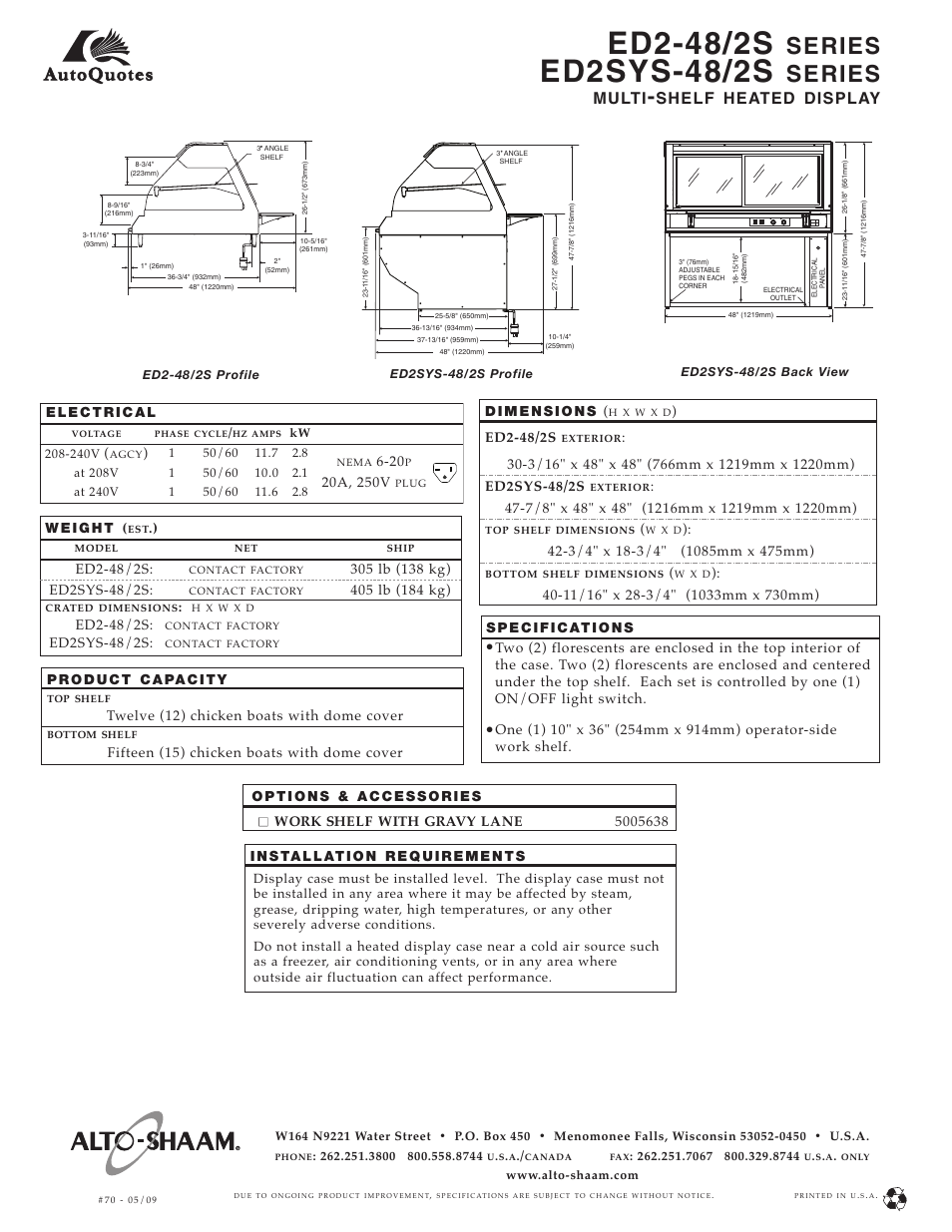 Series, Multi, Shelf heated display | Ed2-48/2s, Ed2sys-48/2s, Twelve (12) chicken boats with dome cover, Fifteen (15) chicken boats with dome cover | Alto-Shaam ED2SYS-2S User Manual | Page 2 / 2