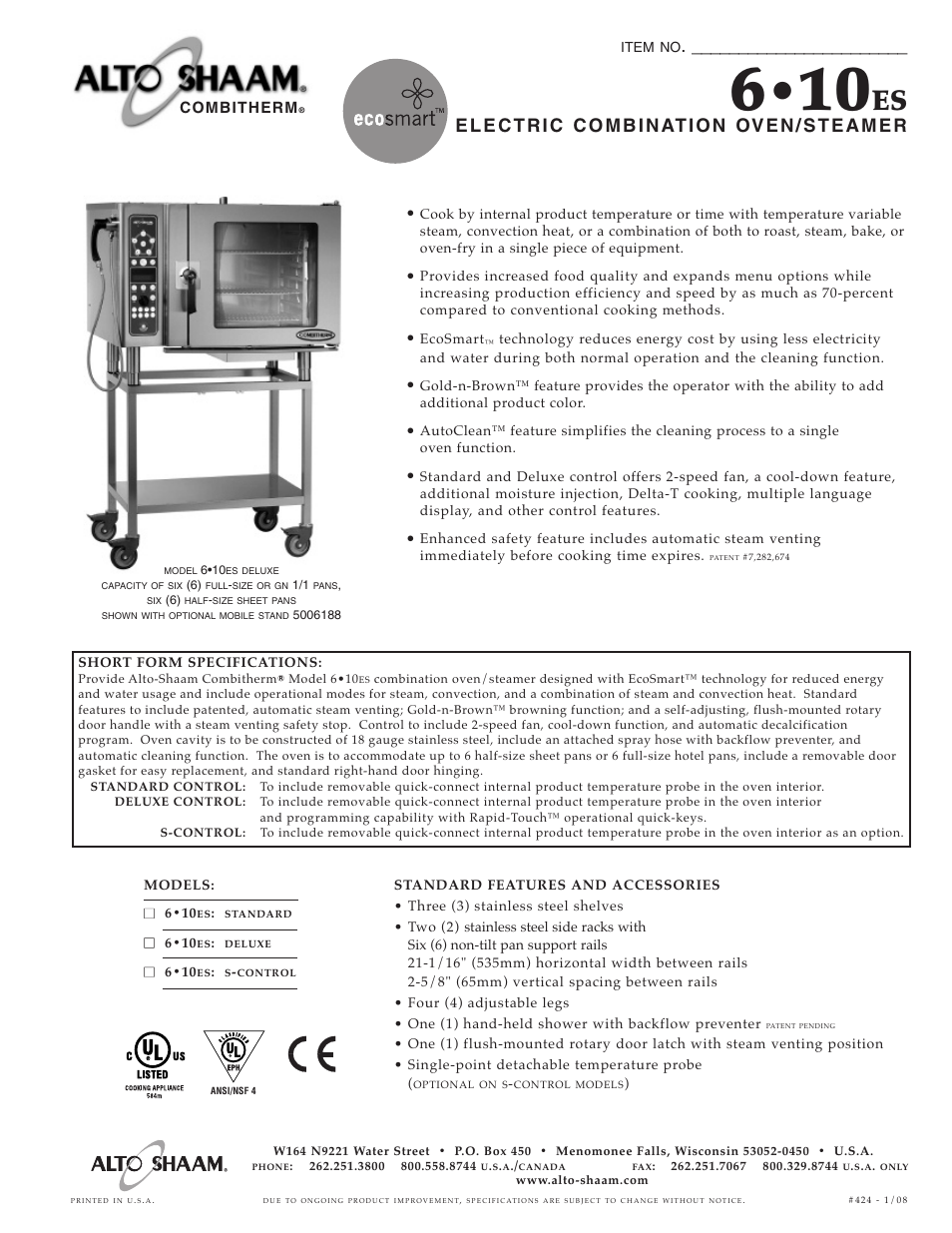 Alto-Shaam 610ES User Manual | 6 pages